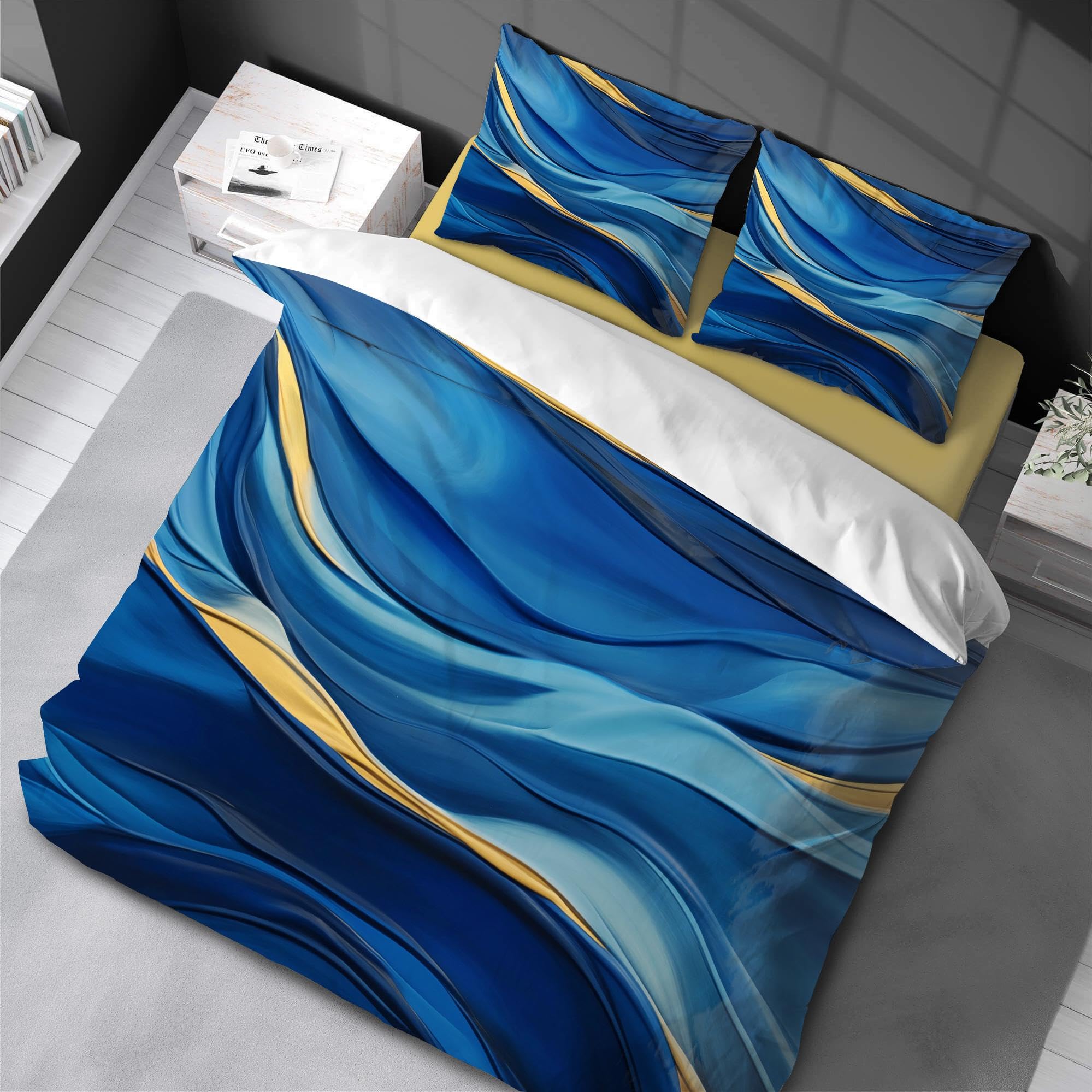 Parure de lit marbre bleu doré housse de couette adulte 220x240 avec 2 taies
