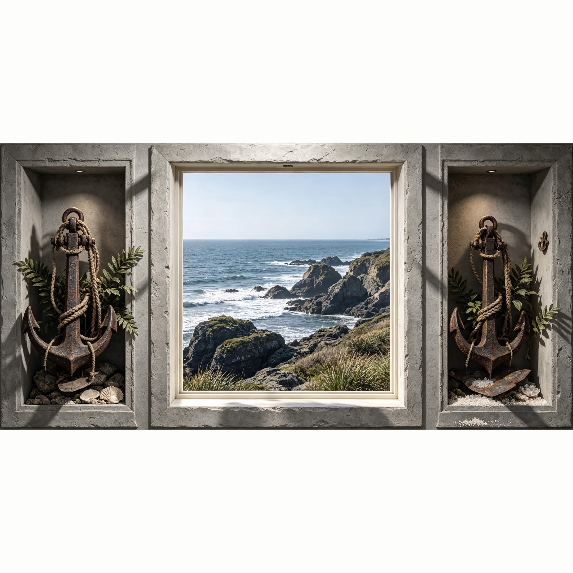 QZLITHOTIC 50x100cm 3D Framed Wall Art， Coastal Anchor Window View Self‑Adhesive Mural， Water‑Activated Peel & Stick Fabric Decor Wall Decal for Bedroom Living Room