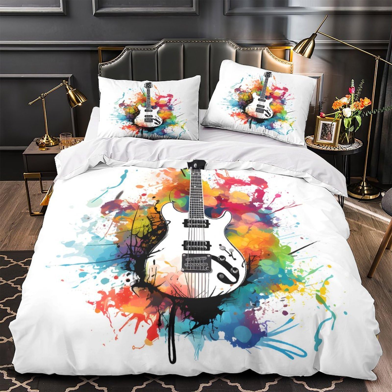 Housse de couette electric guitar 3D imprimée éclair coloré parure de lit 3 pièces 220x240