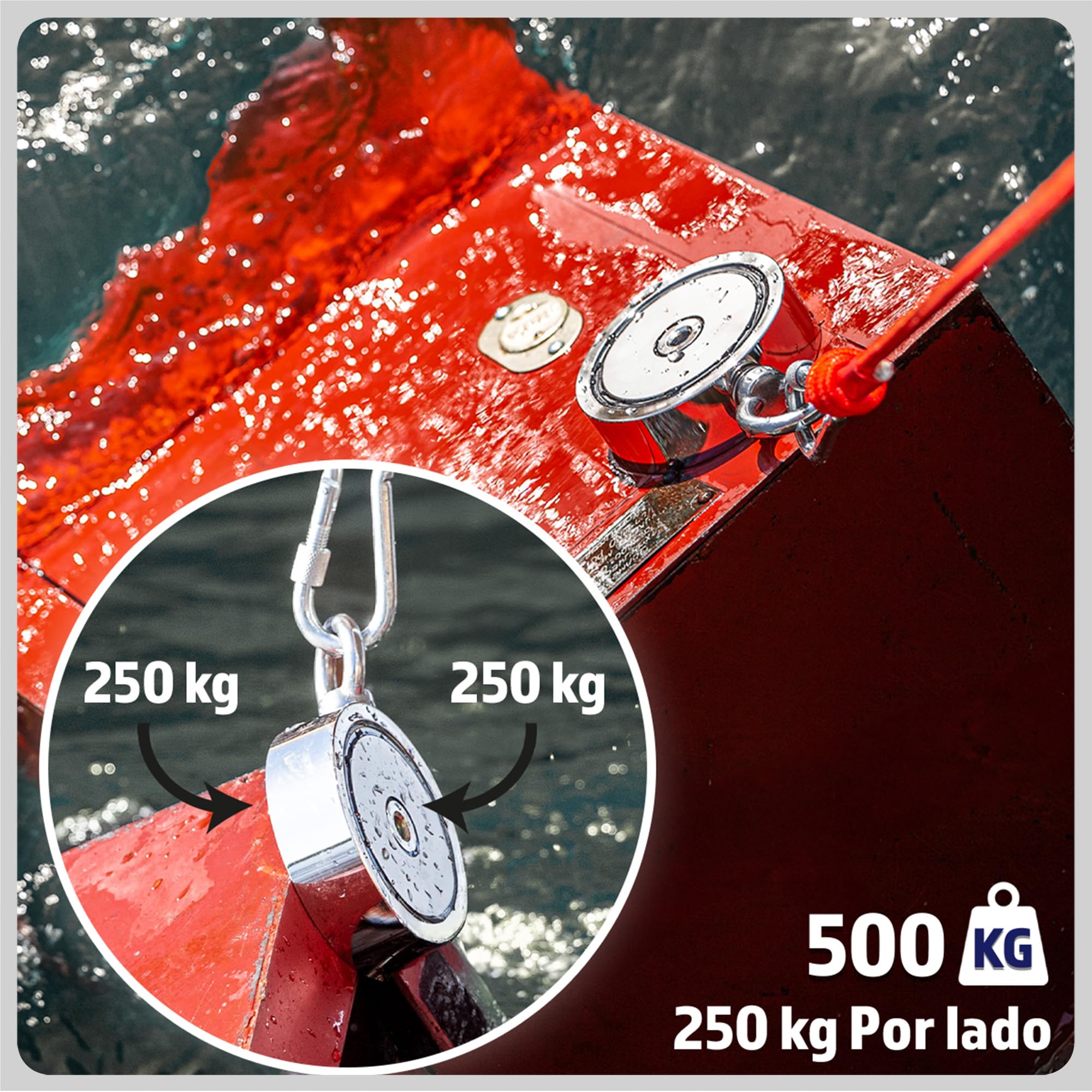 MAGFISHION Juego de Pesca Magnética - Fuerza de Atracción 500KG (2x 250kg) - Ø75mm - Imanes Neodimio Potentes con Cuerda (20M) & Guantes- Iman de Neodimio