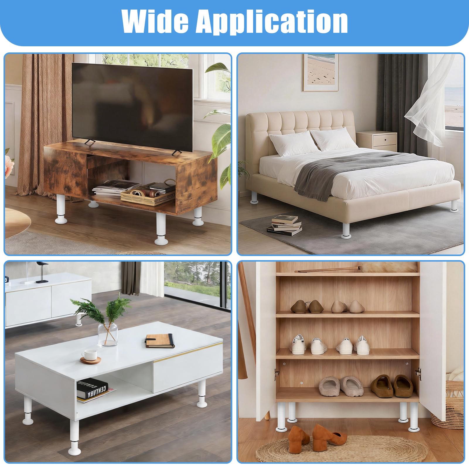 4 Patas para Muebles Blancas de Acero, Patas Ajustables para Muebles de Sofá, Cama, Armario, Zapatero y Baño, Carga 300kg, Cuadradas con Base ABS Antideslizante, 20 Tornillos (25-42cm)