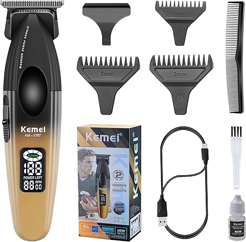 KEMEI 1787 Cortadora de barba para hombres, recortadora de pelo inalámbrica con pantalla LED, cortadora de pelo de 9000 RPM para peluquero con