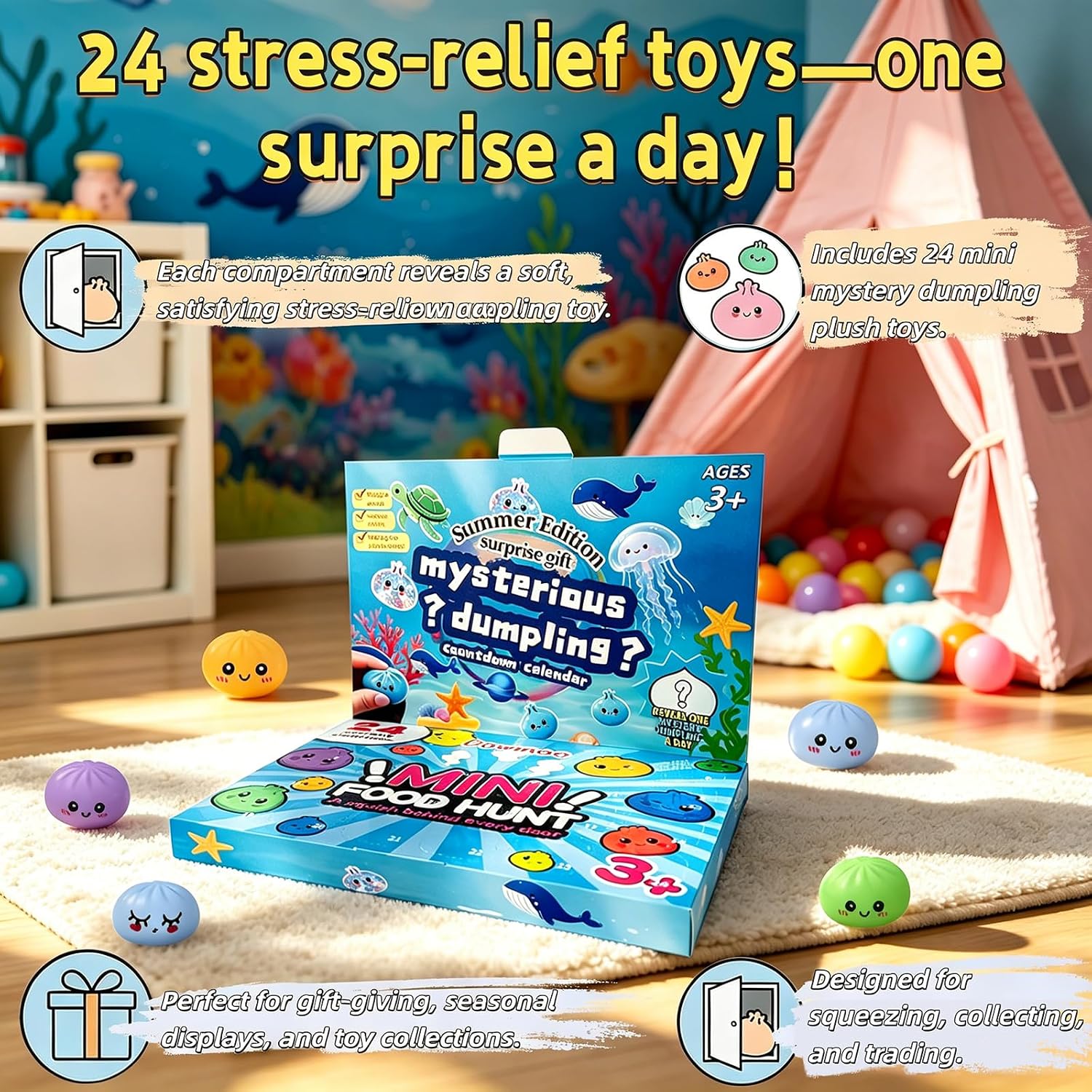 Dumpling Squishies Advent Calendar 2026, 24 Day Mystery Countdown Bao Bun Fidget Toys, Soft Squeeze Stress Relief Sensory Balls for Kids Adults, Collectible Birthday Gift Box (Red)