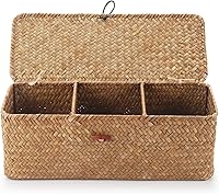 Vista 2 de DECRAFTS Cesta de almacenamiento de pastos marinos con tapa, rectangular, pequeña, tejida con secciones para organizar aperitivos, juguetes, tampón