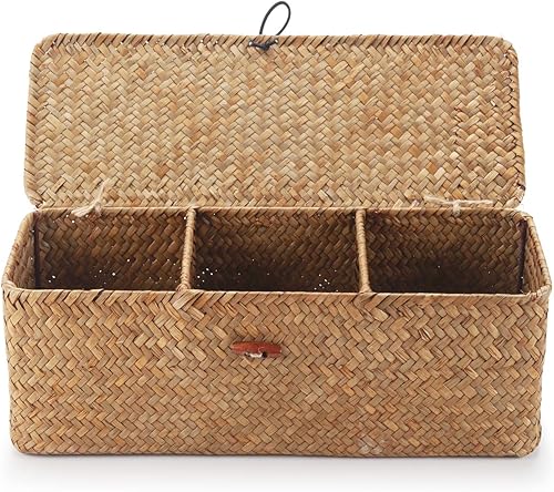 Vista 6 de Cesta de almacenamiento de pastos marinos de 3 secciones tejidas con compartimento (lavado blanco, 14.6 x 4.7 x 3.1 pulgadas)