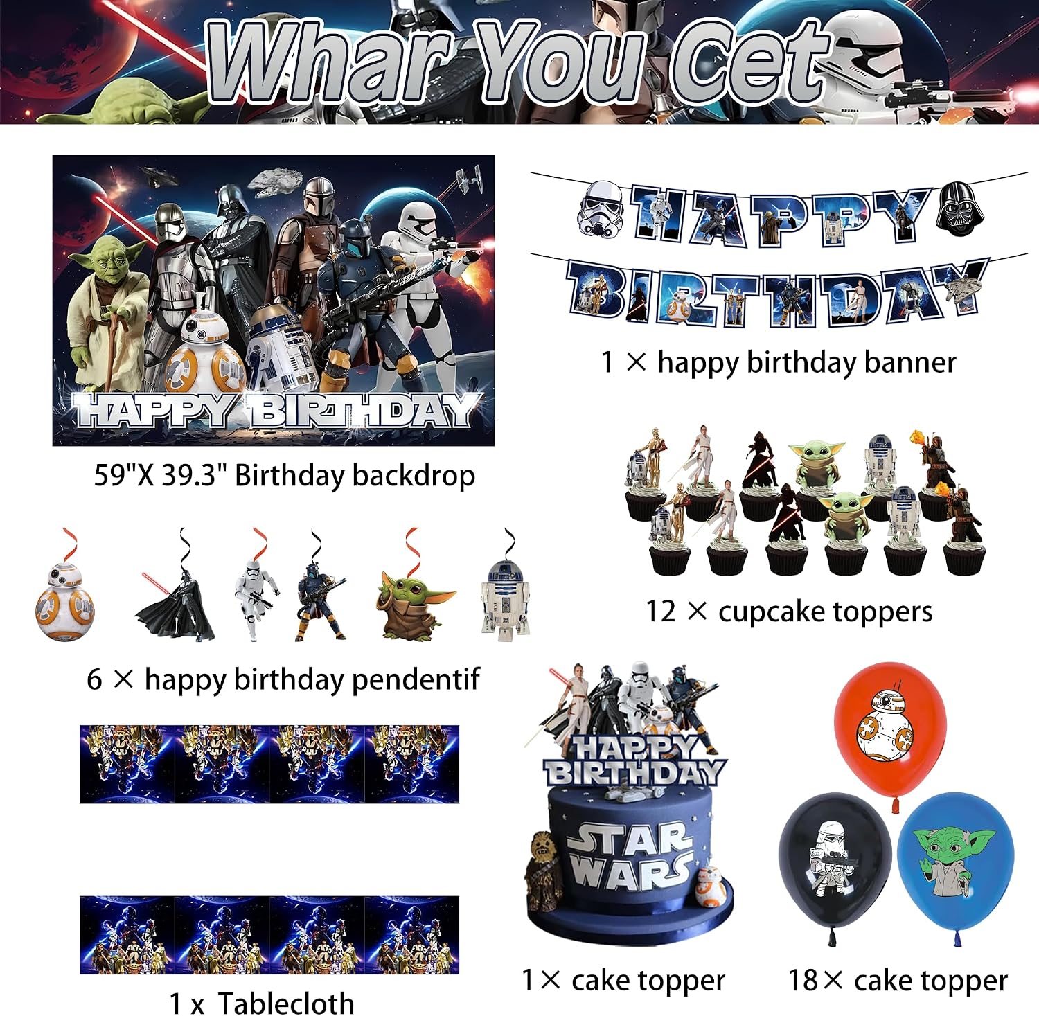 40 Pcs Star Movie Wars Happy Birthday Decorations, for Yoda Party Decorations, Includes 1 Banner, 6 Spiral Garlands, 18 Balloons, 1 Backdrop, 1 Tablecloth, 1 Cake Topper, and 12 Cupcake Decorations