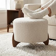 BFD Small Foot Stool Round Ottoman, Upholstered Linen Blend Foot Stool with Solid Wood Legs, Mid-Century Modern Ottoman for Living Room, Bedroom, Office, Under Desk