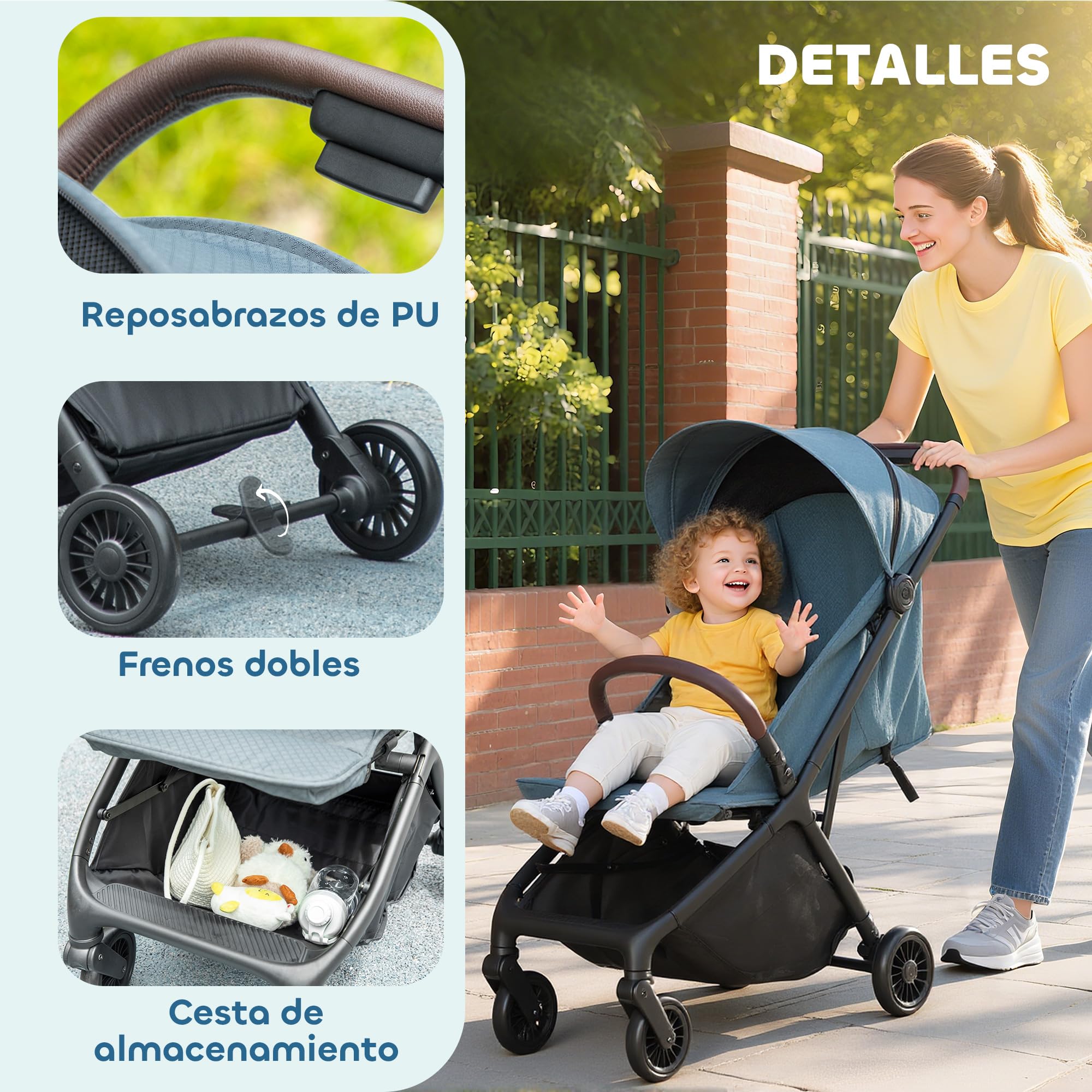AIYAPLAY Silla de Paseo Ligera con Respaldo Reclinable y Reposapiés Ajustable, Carrito para Bebé Plegable, Capota, Arnés de 5 Puntos, Ruedas con Suspensión, Soporta hasta 15 kg, Azul Oscuro