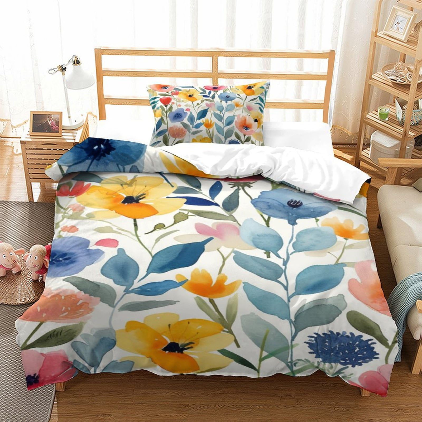 Housse de couette fleurs aquarelle 3D anti-transpiration en microfibre douce pour lit simple