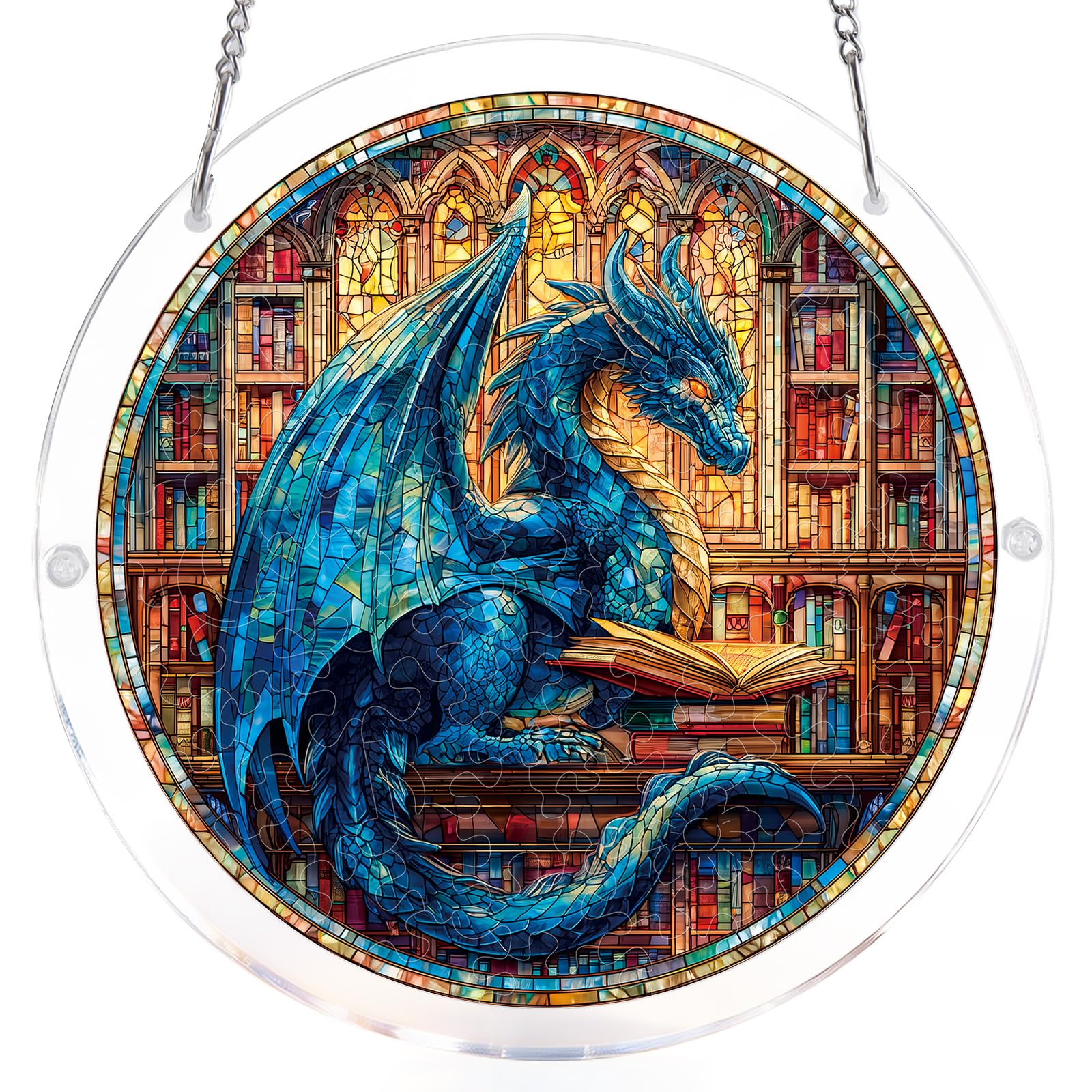 Blumuze Acrylic Puzzle for Adult Window Hanging,Acrylic Suncatcher Wall Hanging,Sun Catcher Stained Glass Acrylic Puzzle Decoration Birthday Gift for Women Men (The Blue Dragon Library, 7.4 in)