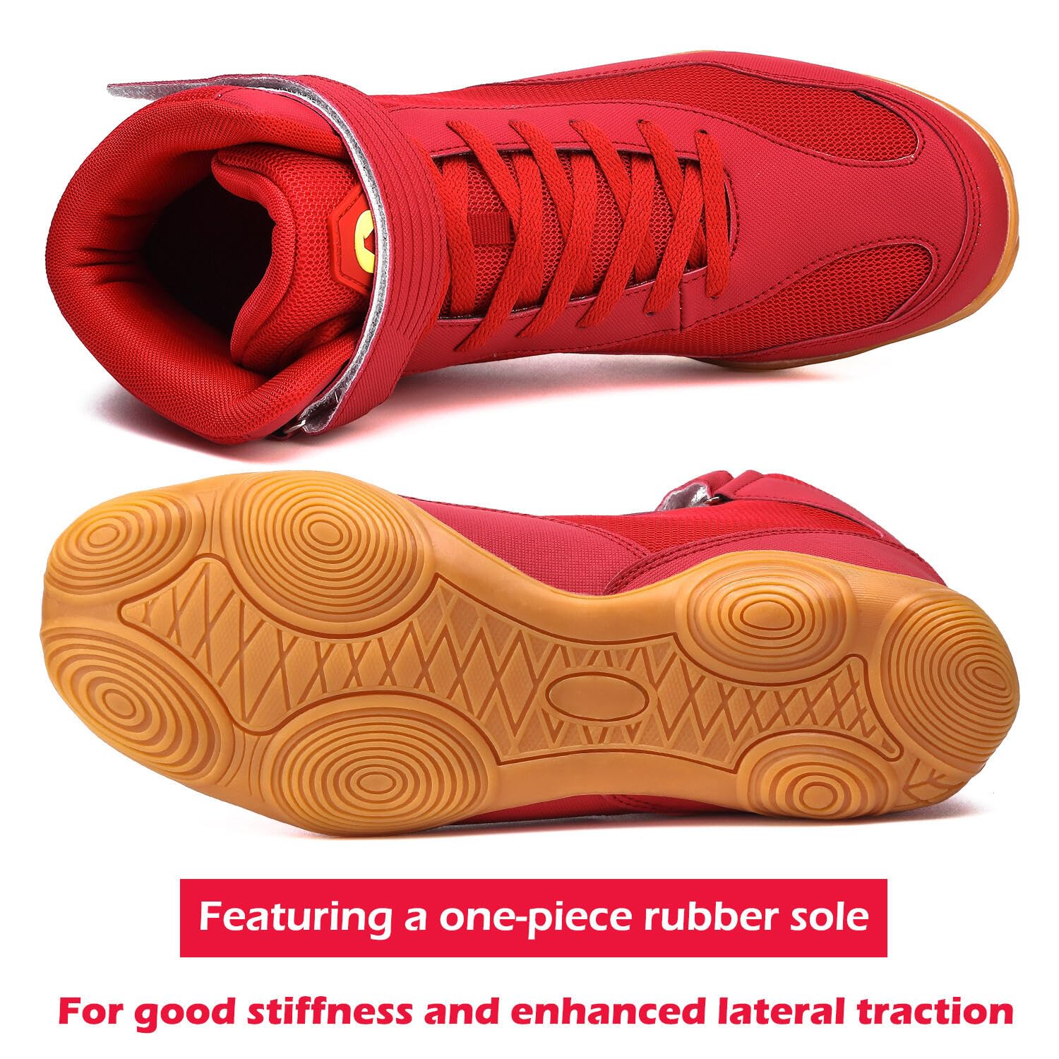 DimaiGlobal Scarpe da wrestling da uomo, scarpe da ginnastica da boxe, suola a goccia zero, scarpe da combattimento, taekwondo, karate, arti marziali, Rosso, 42 EU