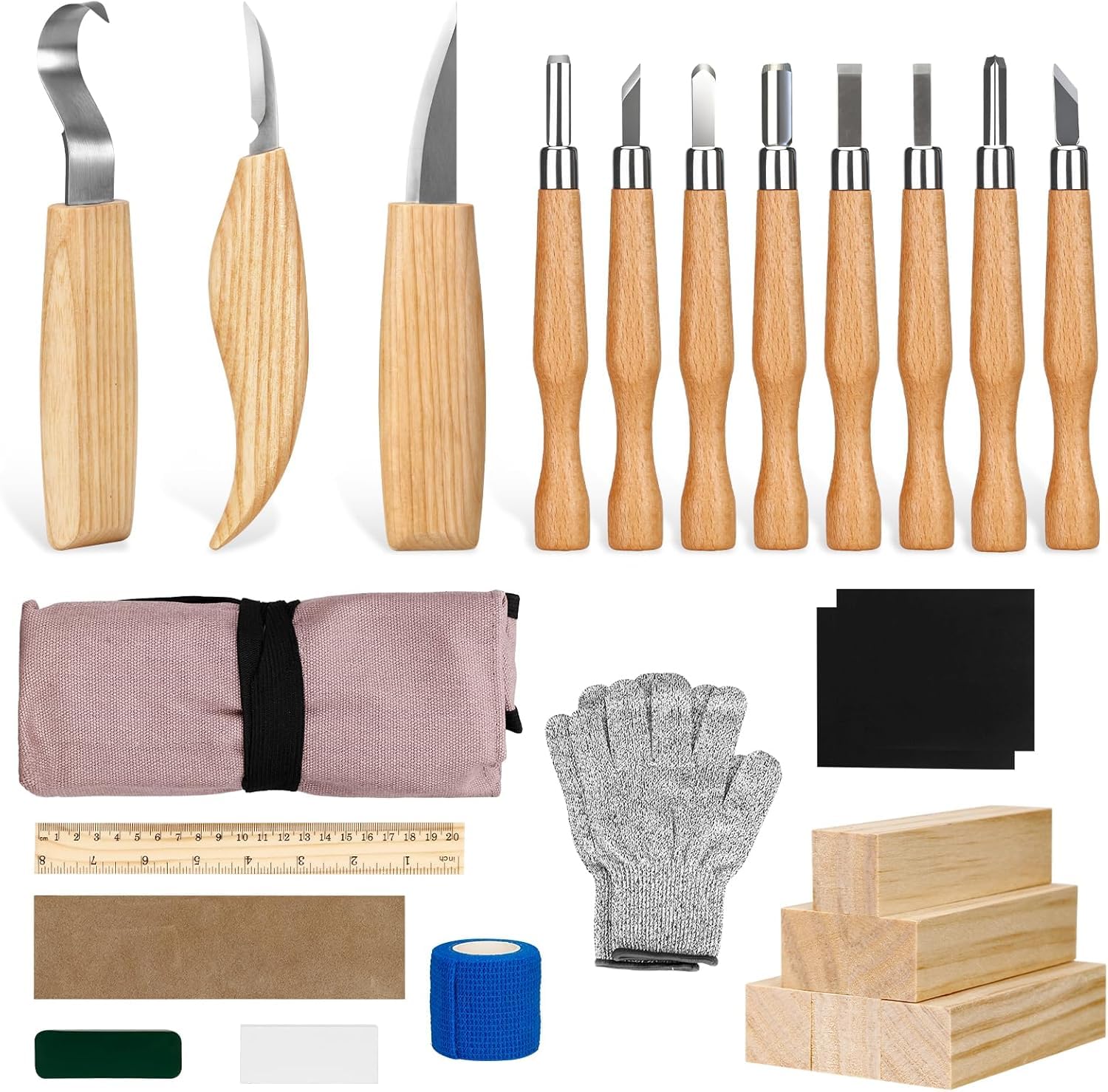 25PCS Set d'outils de sculpture sur bois,Ensemble d'outils de sculpture avec Gants Résistants aux Coupures, Manche et Pierre à Aiguiser, Pour les Débutants et les Professionnels