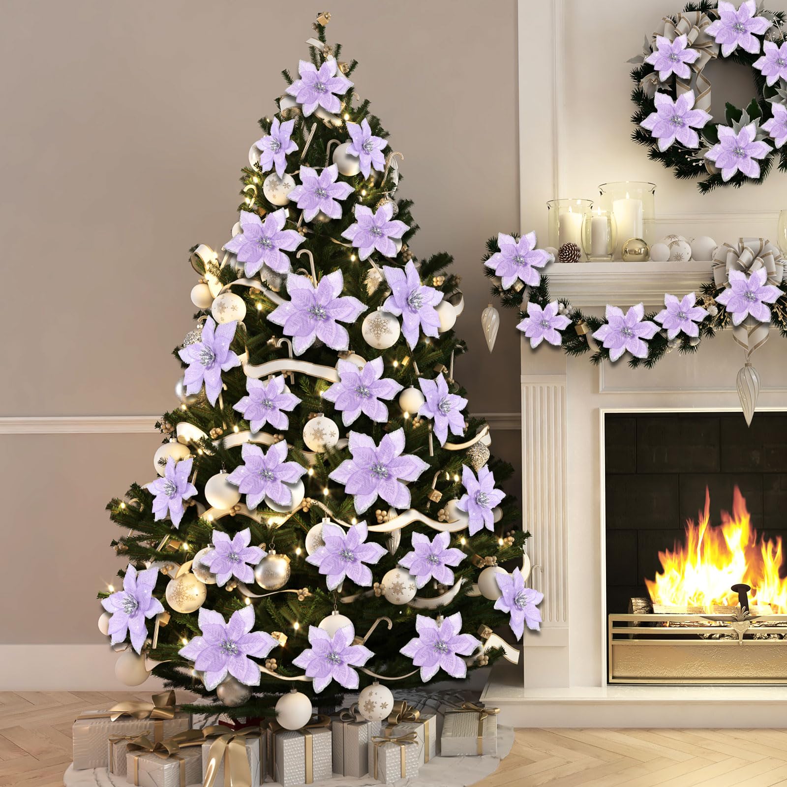 Crowye 36 flores de Pascua artificiales con purpurina de 3 tamaños, flores de Pascua artificiales para Navidad, Año Nuevo, decoración del hogar al aire libre, 4, 6 y 9 (morado)