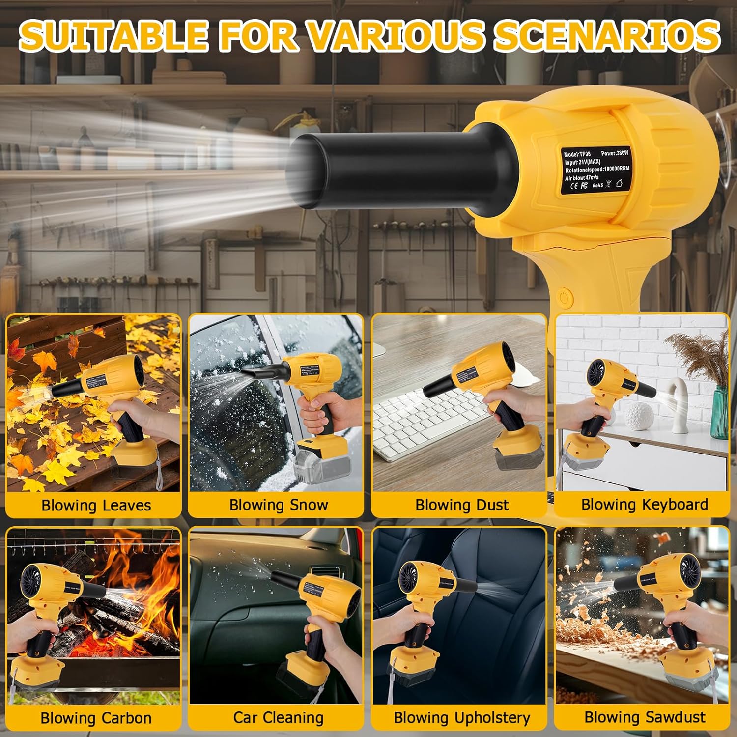 Leaf Blower Cordless, 380W 100,000 RPM Handheld Blower with 3 Speeds up to 47m/s, 8-21V Battery Compatible (for DeWalt,exclude) Lightweight Mini Electric Blower for Yard, Patio, Car, Driveway Cleaning