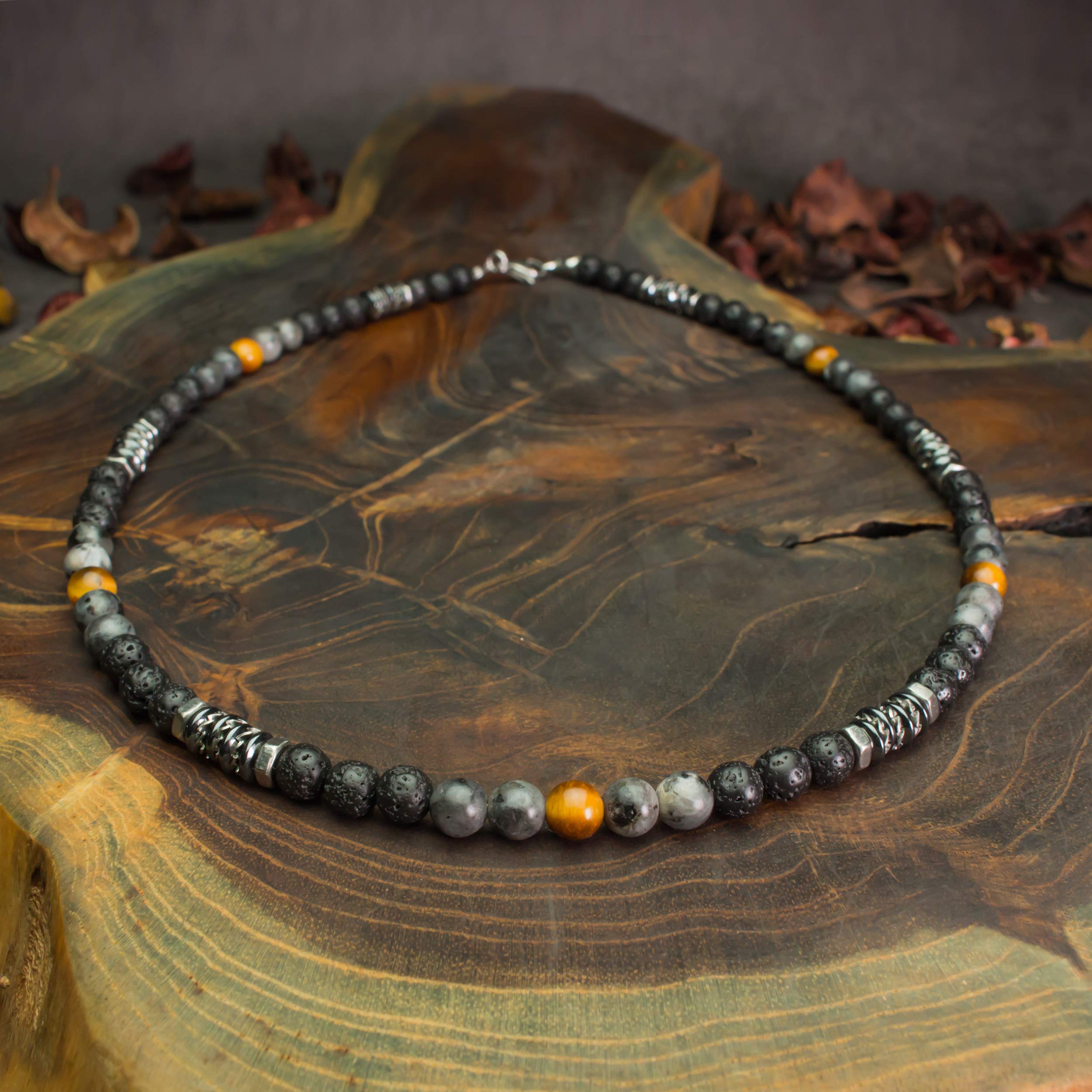 Collier Homme perles 6mm pierre naturelle Œil Tigre Larvikite Labradorite gris mat Lave Volcanique noir rondelles Hématite métal INOX fabriqué en France COLLITEF12