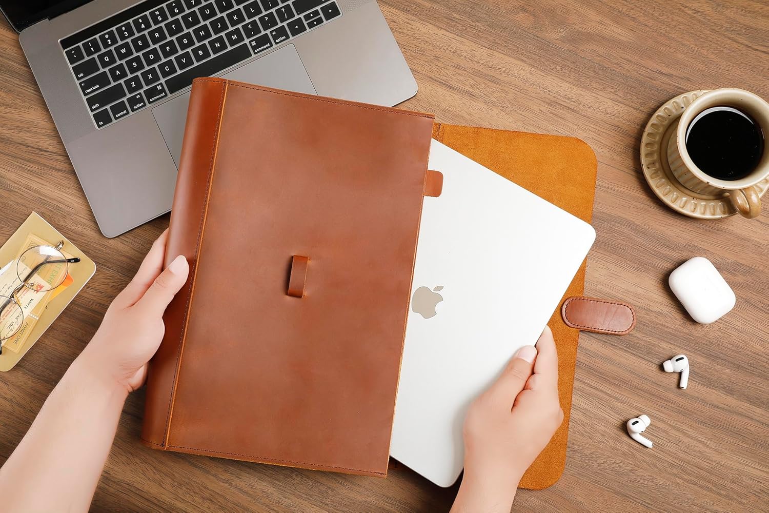 Genuine Leather File Folder, Accordian File Organizer, Leather Document Holder Resume Folio for Men & Women - Brown
