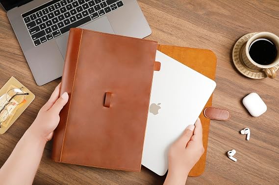 Genuine Leather File Folder, Accordian File Organizer, Leather Document Holder Resume Folio for Men & Women - Brown
