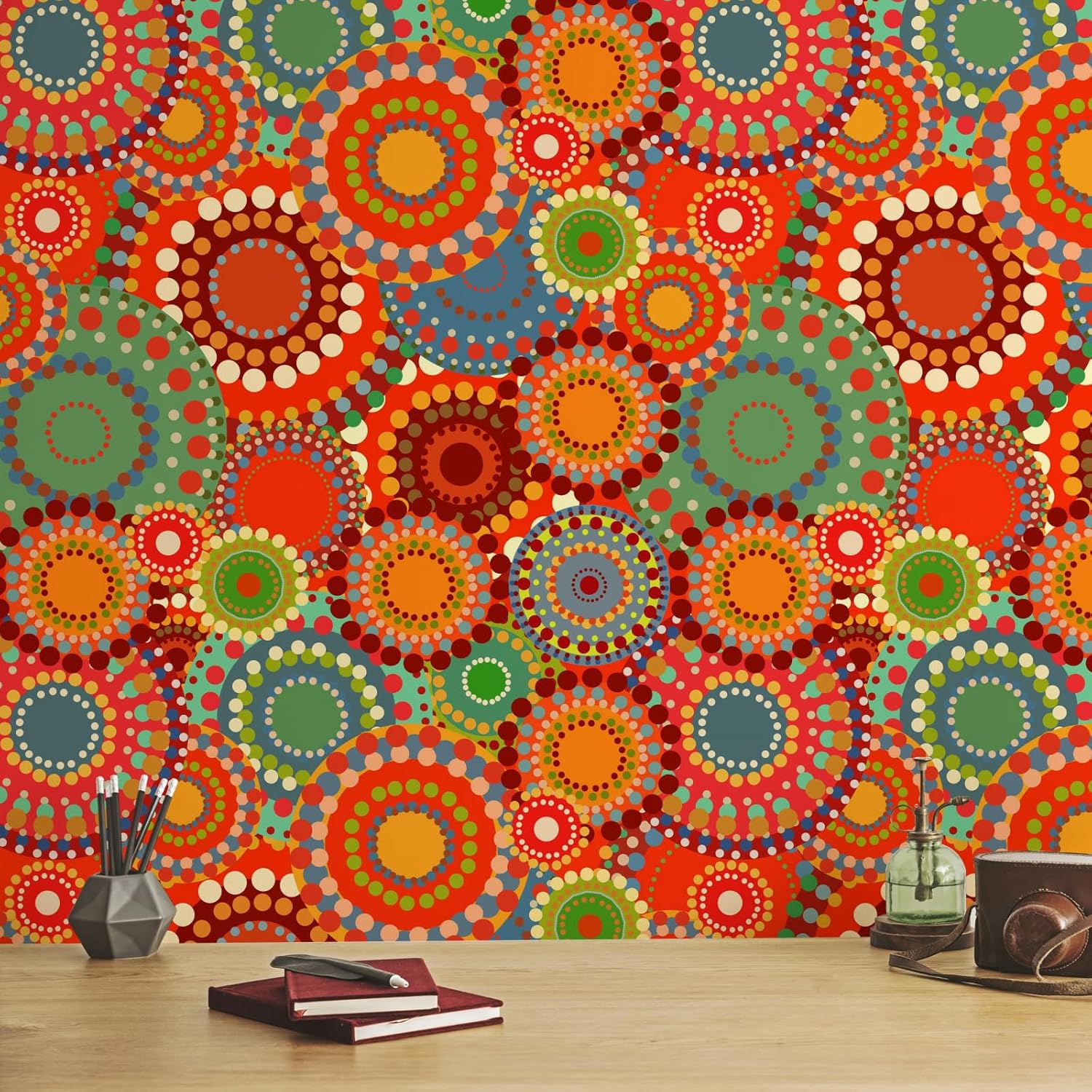 Boho Peel and Stick Wallpaper 17.3" x 118" Retro Colorful Rings Contact Paper for Cabinets Self Adhesive Removable Geometric Waterproof Wallpaper for Bedroom Bathroom