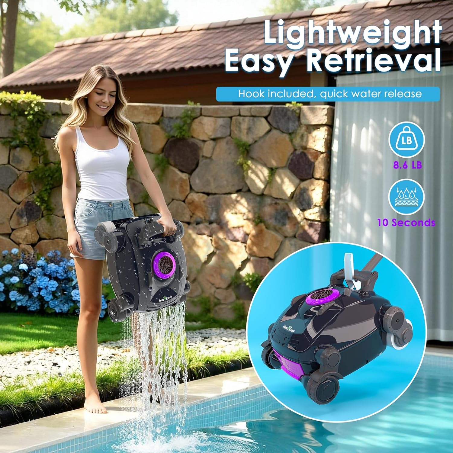Cordless Robotic Pool Cleaner, Wall Climbing, Lightweight, Extended Battery Life, 8L Large Capacity, Advanced Dual-Motor, X1 Auto Pool Vacuum for Inground & Above Ground Pools Up to 1100 Sq.Ft, Purple