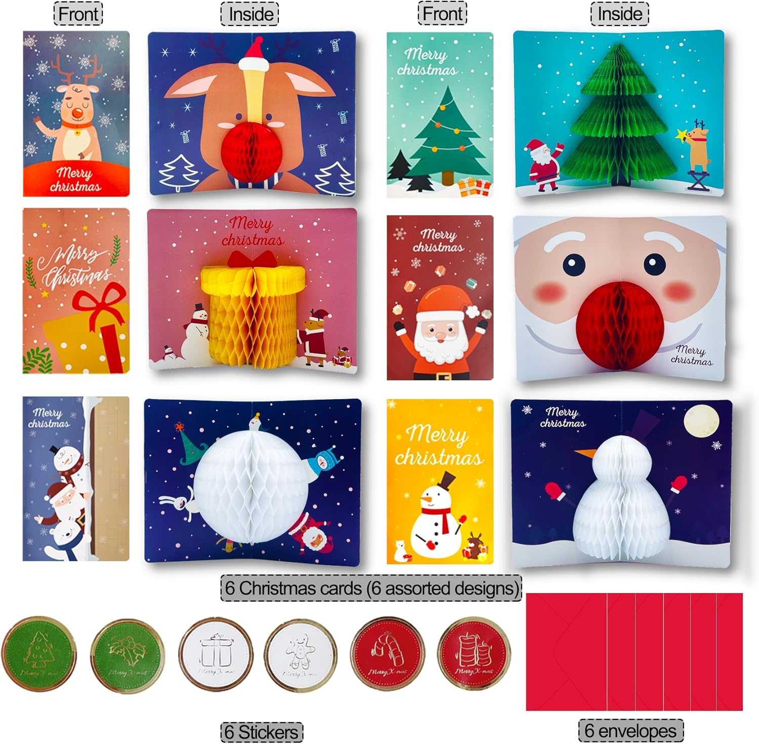 Pop Up Christmas Cards with Envelopes Sealing Stickers, Sets of 6 Fun 3D Honeycomb Xmas Cards, Cute Merry Christmas Card Holiday Greeting Gift for Kids Children Friends - Image 4