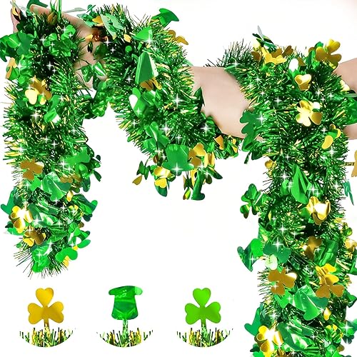 Miniatura 7 de Guirnalda metálica de oropel de Navidad verde y roja de 49 pies con purpurina para árbol de Navidad, guirnalda de oropel para decoración del hogar,