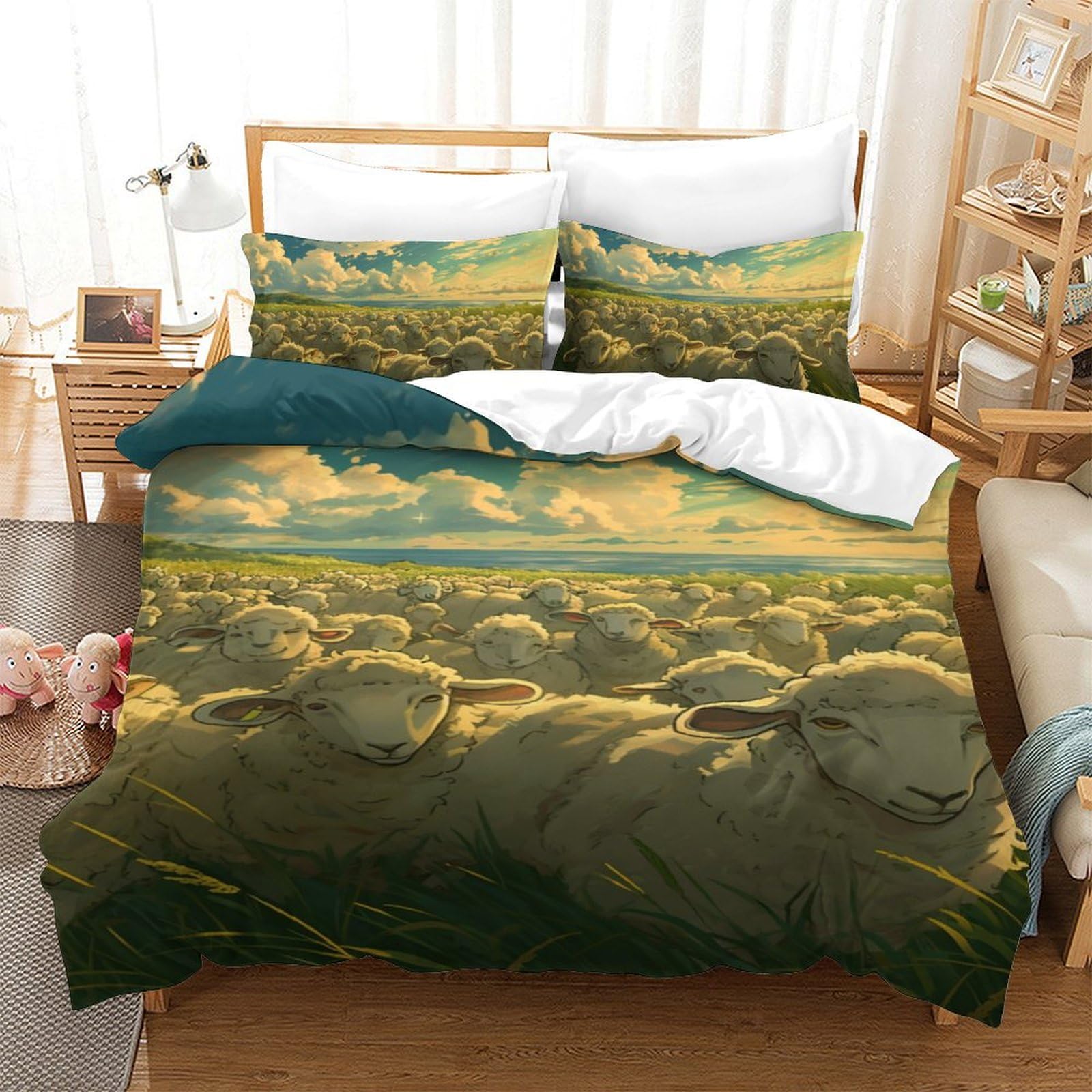 Housses de couette moutons 140x200 microfibre avec taies d'oreiller
