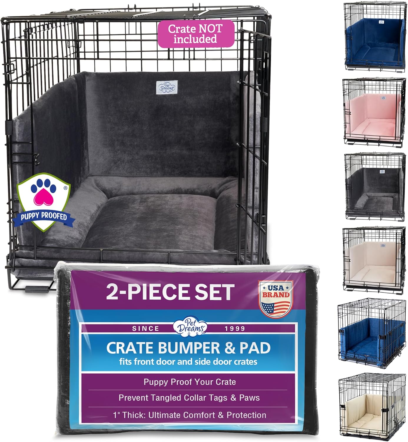 Pet Dreams Dog Crate Bumper & Mat Set- Patented Comfy Liner & Dog Tail Protector for Inside Crate, fits iCrate Cages 18, 24, 30, 36, 42, 48 Inches (Grey, Medium, 30“)