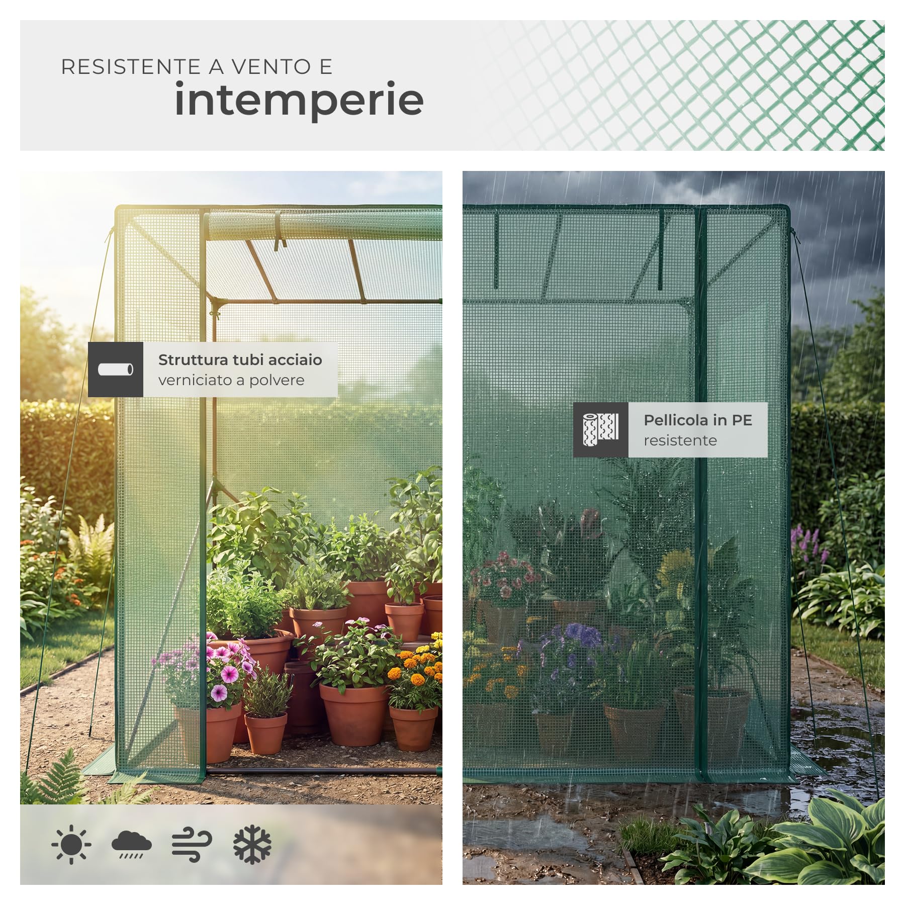 tectake® Serra da Giardino 200x77x170 cm, Copertura Retinata, Telaio in Acciaio, Resistente Intemperie e UV, 2 Finestre Laterali, Porta Avvolgibile, Serra per Orto, Giardinaggio, Piante - Verde