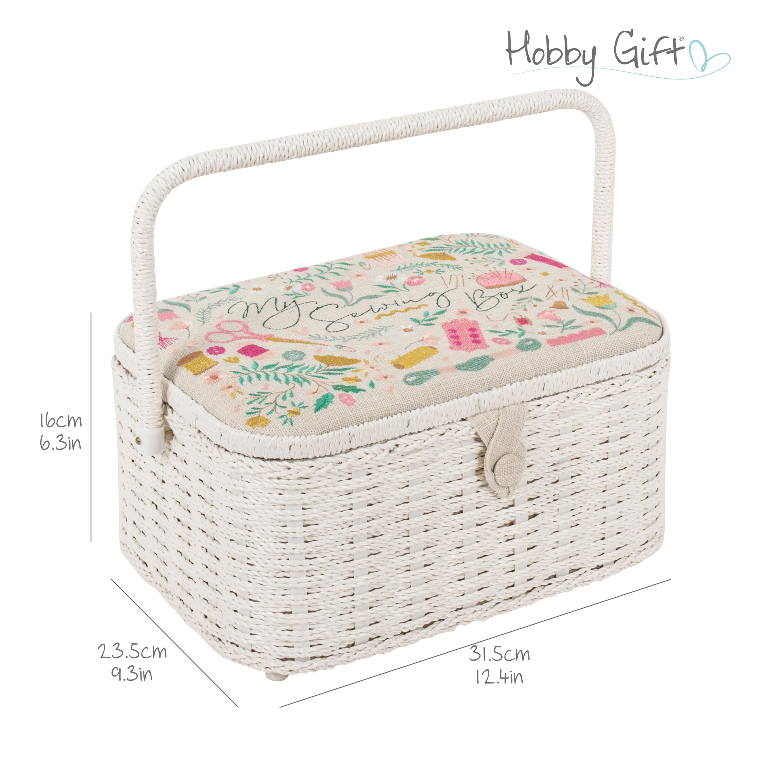 Hobby Gift Boîte à couture ovale – Grande, aspect coton et lin, motif brodé côtés, plateau intérieur, poche et coussin à épingles, rangement de couture élégant et pratique, 23,5x31,5x16cm