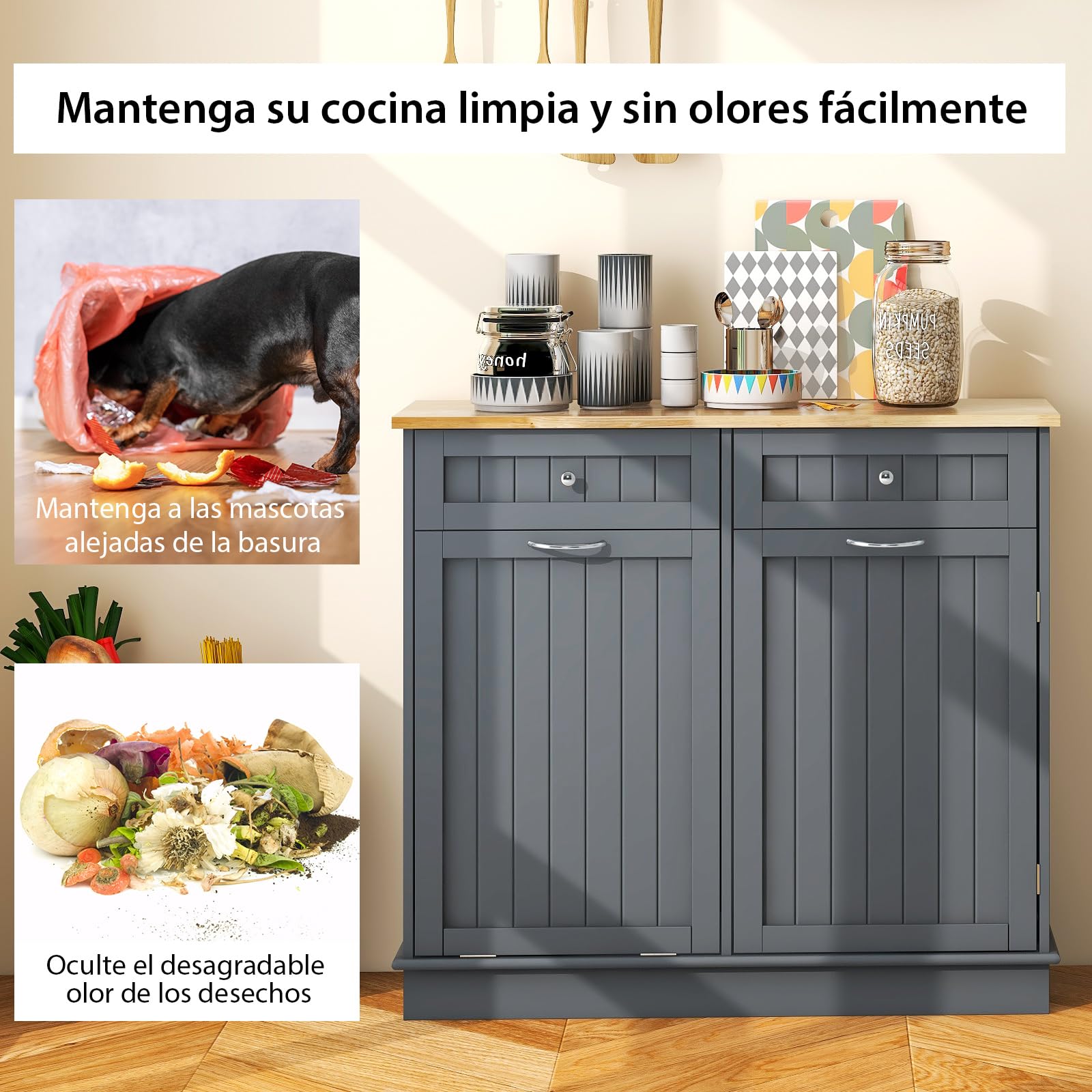 COSTWAY Aparador Auxiliar Armario de Cocina con Soporte para Botes de Basura hasta 42L Mueble de Almacenamiento de Caucho con 2 Cajones y Estante Ajustable Aparador de Cocina para Basura