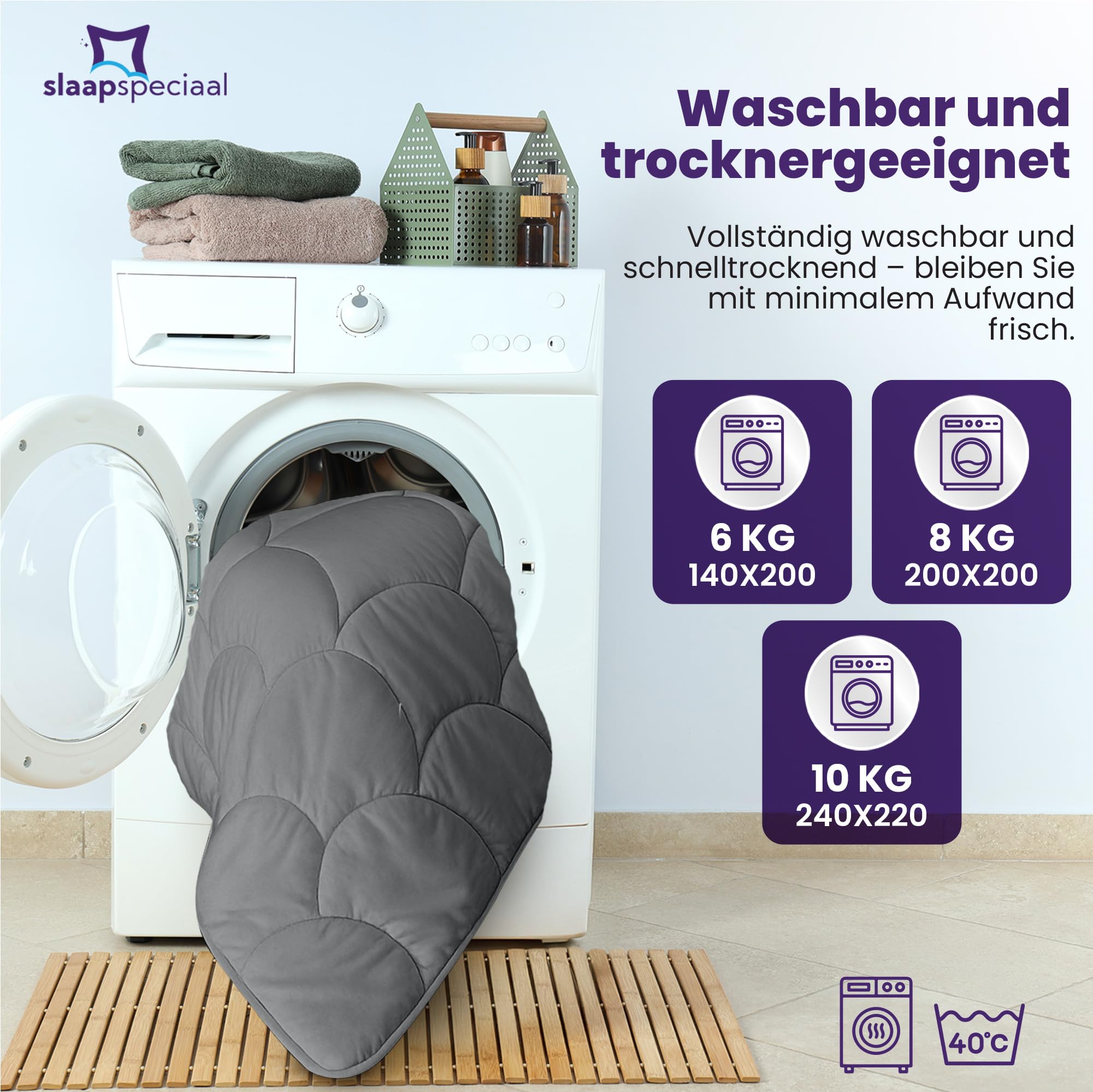 Bettdecke ohne Bezug 240x220cm - Ganzjahresdecke Wärmestufe 2 | Decke und Bezug in Einem - Atmungsaktiv & Regulierend - Gelfasern für Daunengefühl - Waschbare Allergiker Bettwäsche - Grau