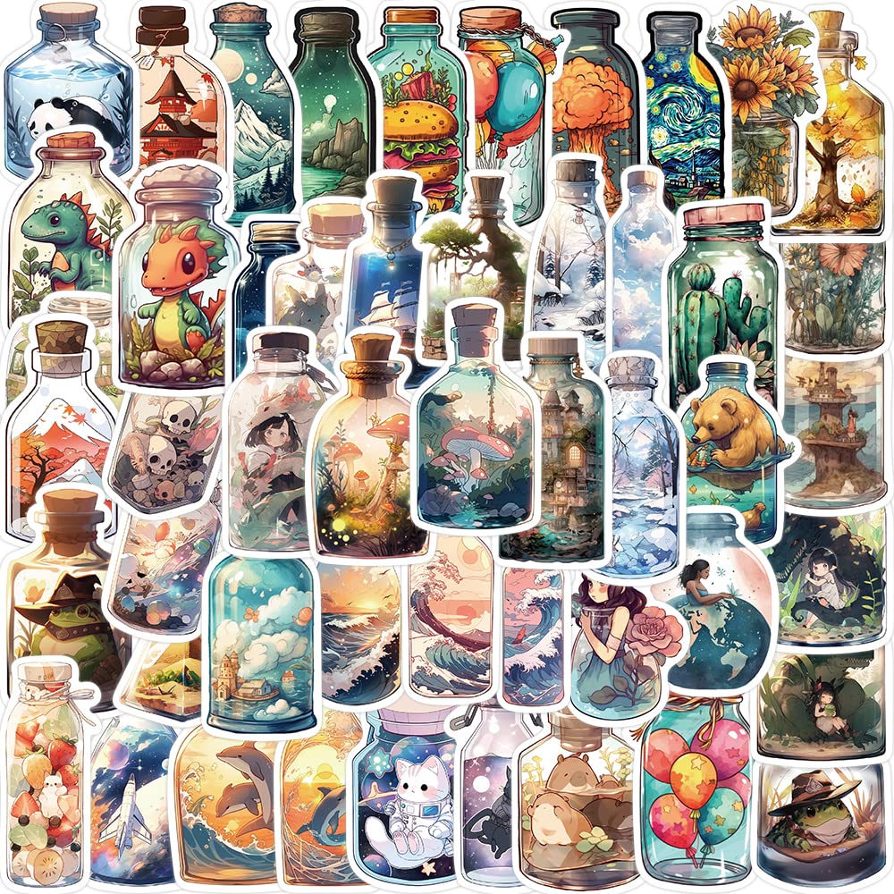 50 Vintage Anime Stickers for Girls, World in a Bottle Stickers for Scrapbook Notebook Water Bottle Laptop Kindle