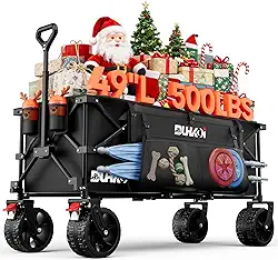 Vagão estendido dobrável dobrável de 124 cm de comprimento com capacidade de peso de 226 kg, carrinho de praia resistente de 300 L, vagão utilitário grande com porta-copos, carrinho para