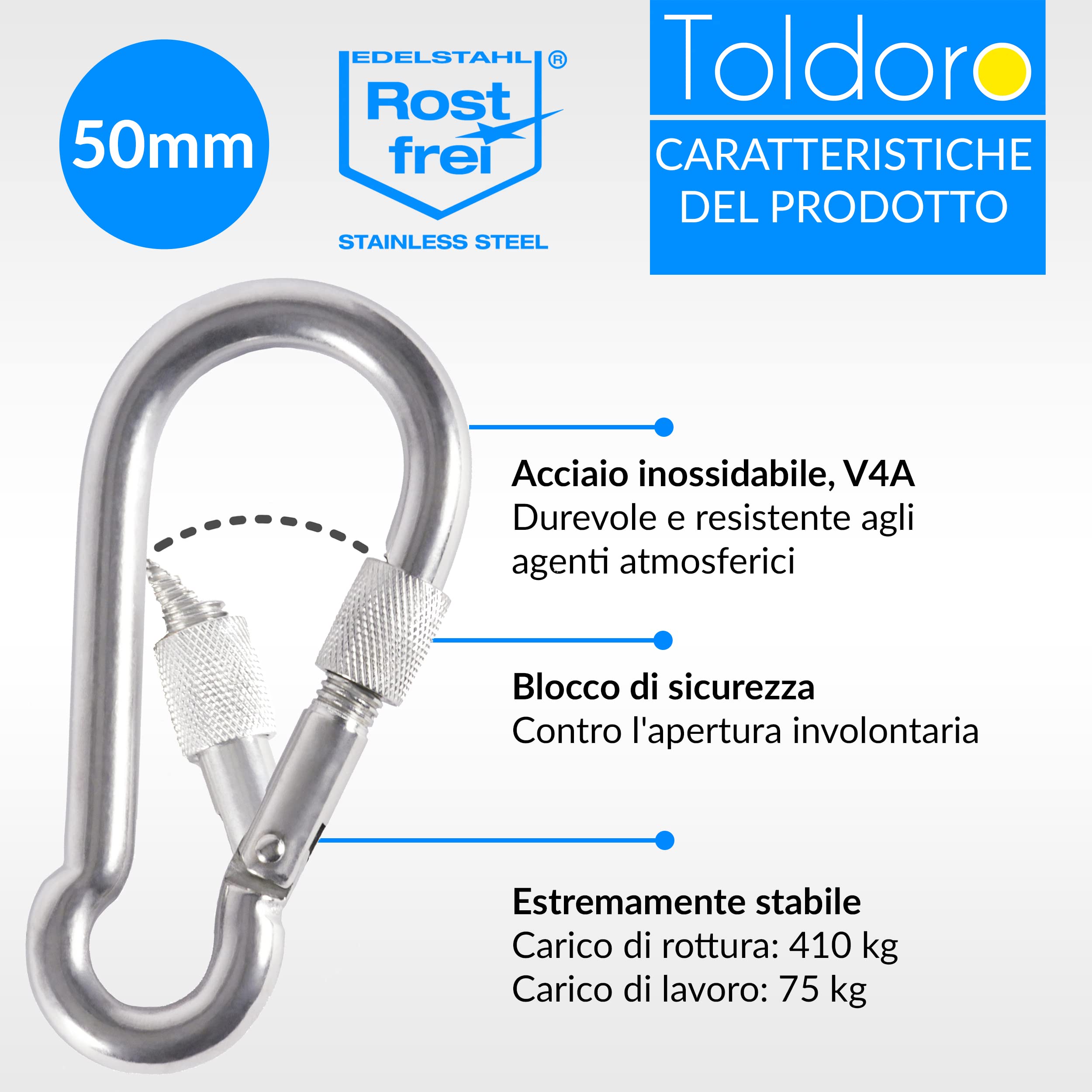 Toldoro Moschettone in acciaio inox con chiusura di sicurezza, moschettone 70 mm, moschettone per il fissaggio, moschettone in acciaio inox con chiusura