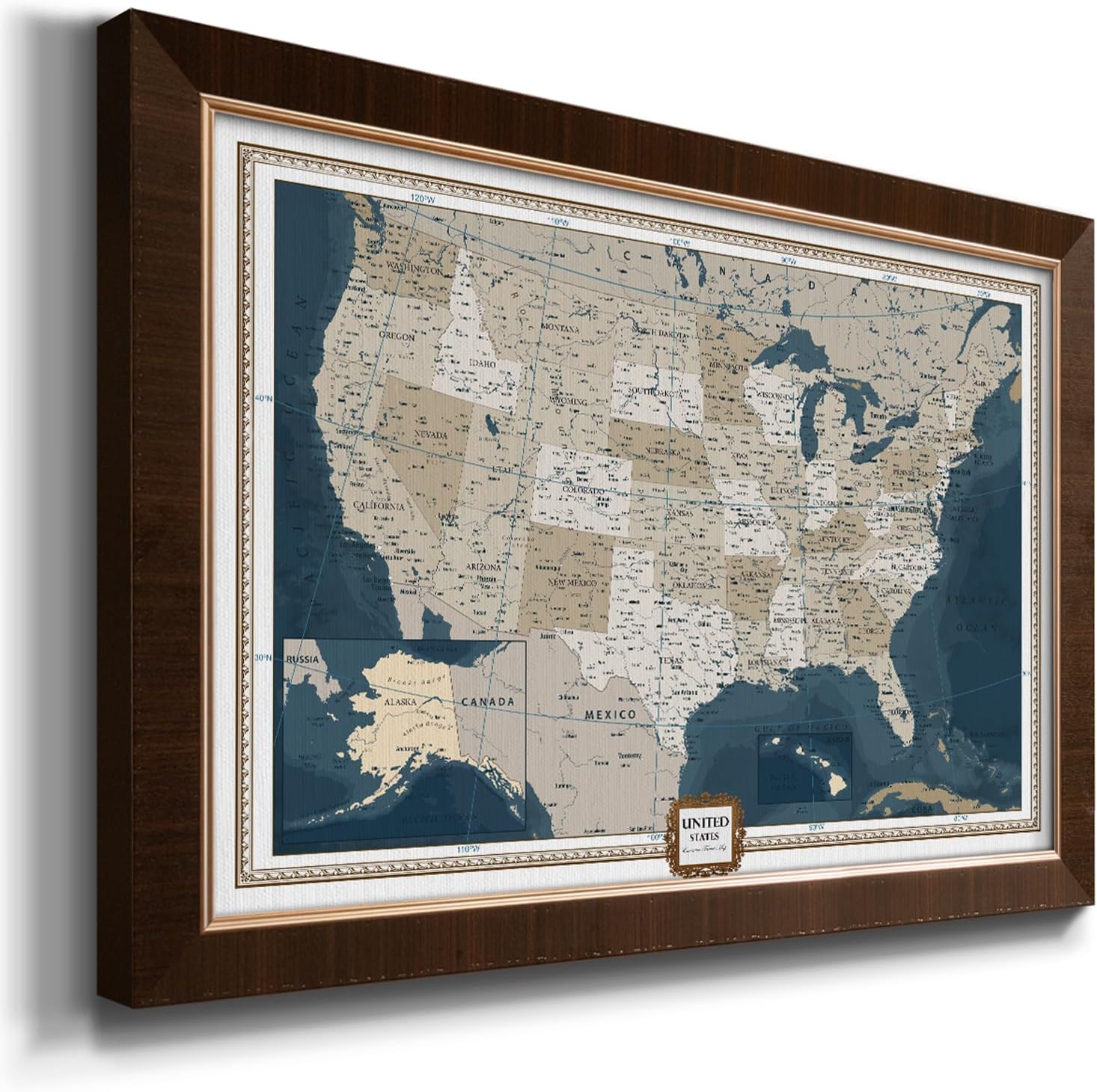 Renditions Gallery Colorful World Map Canvas Wall Art with Vintage Gold Frame Wall Hanging Travel Map with Push Pins for Home, Office, Classroom image 3