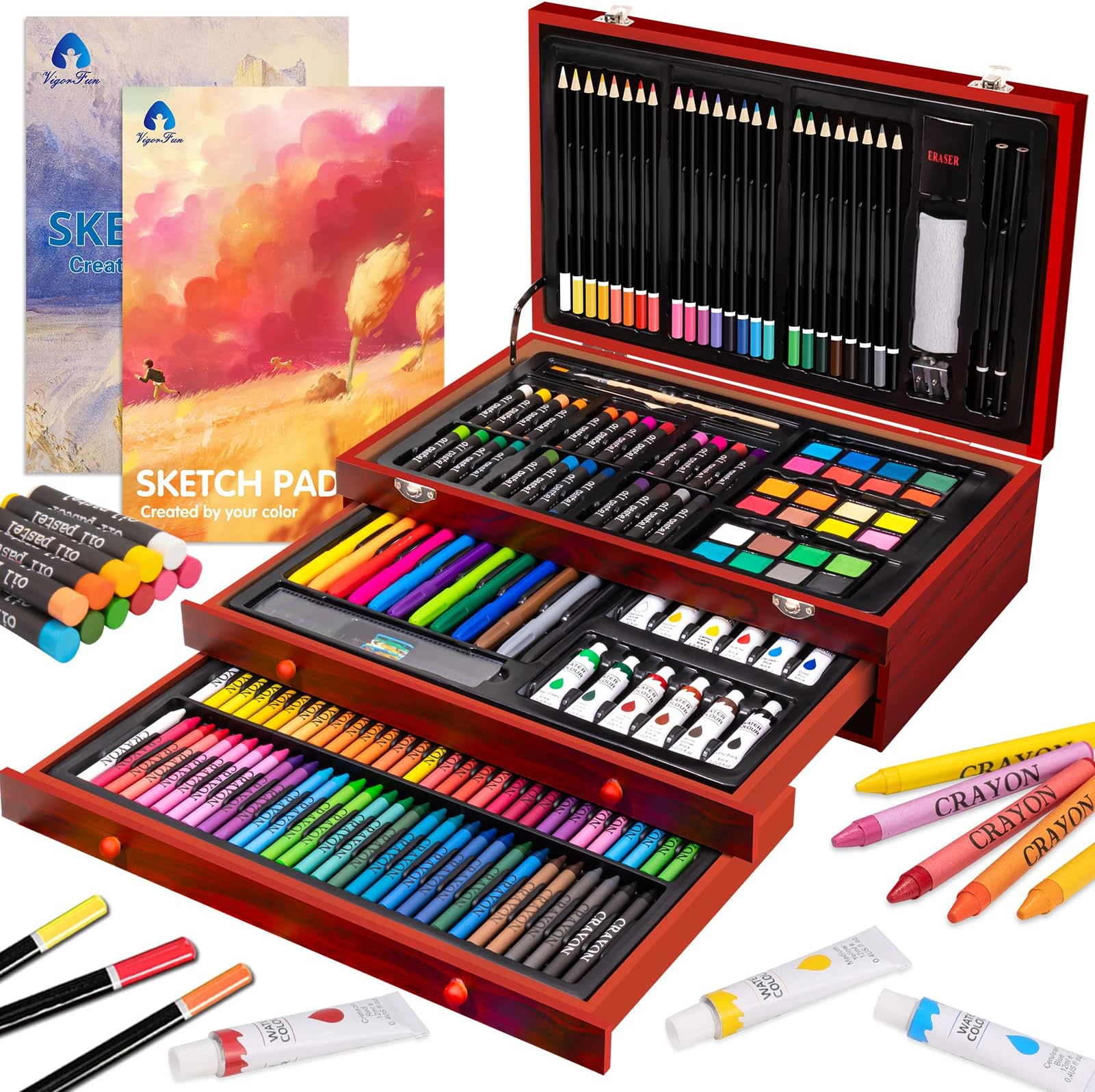 VigorFun Art Supplies, 185-Piece Super Deluxe Wooden Art Set Crafts Drawing Kit with 2 Sketch Pads, Crayons, Oil Pastels, Colored Pencils, Watercolor Cakes, Creative Gift for Adult Beginners Artists