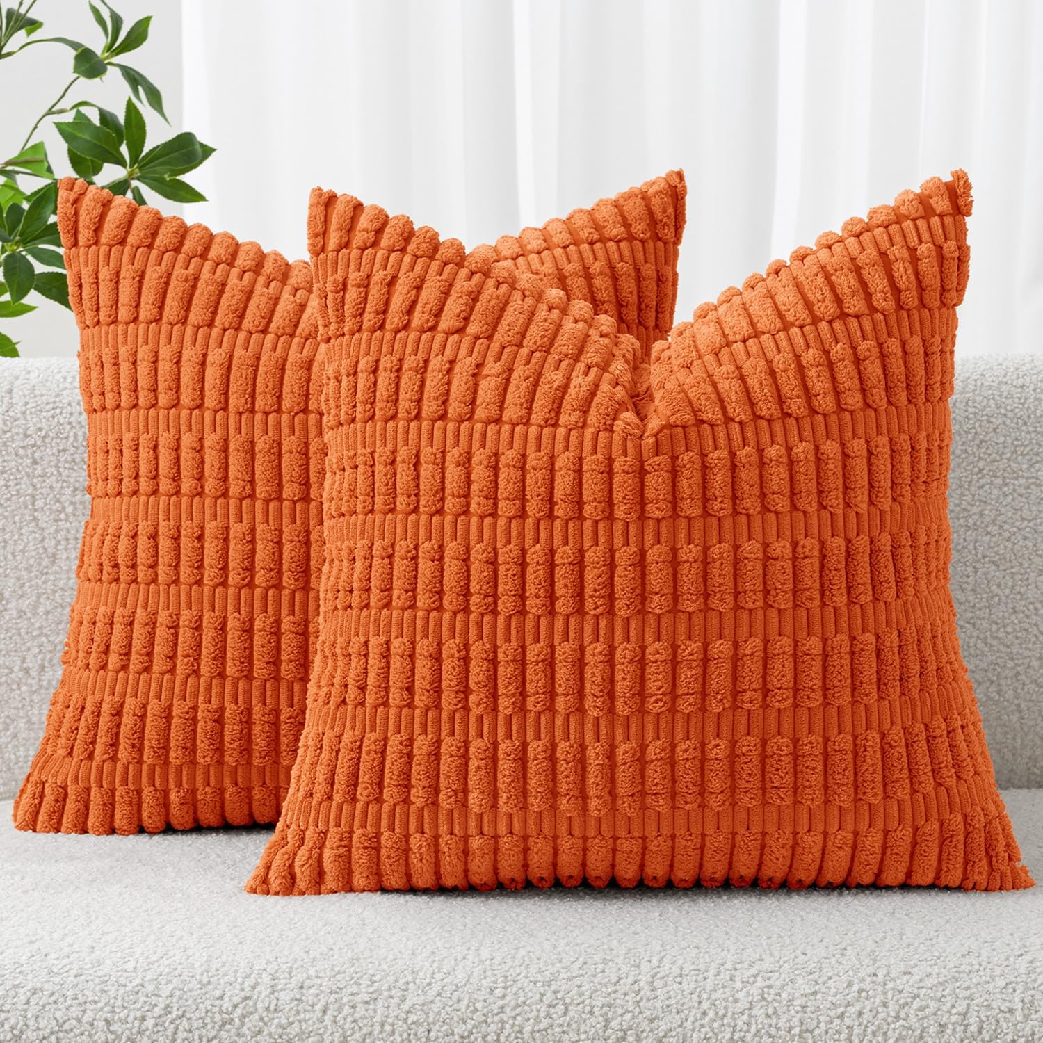 MIULEE Pack of 2 Orange Corduroy Decorative Euro Sham Pillow Covers 24x24 Inch Soft Boho Striped Throw Pillow Covers Modern Farmhouse Home Decor for Summer Sofa Living Room Couch Bed