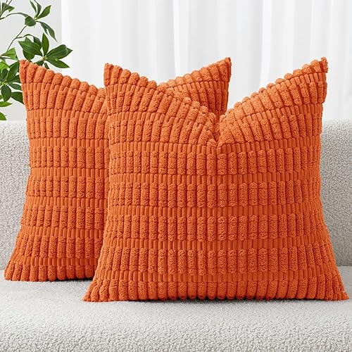 MIULEE Paquete de 2 fundas de almohada decorativas color naranja de 16 x 16 pulgadas, fundas de almohada de pana a rayas bohemias modernas para