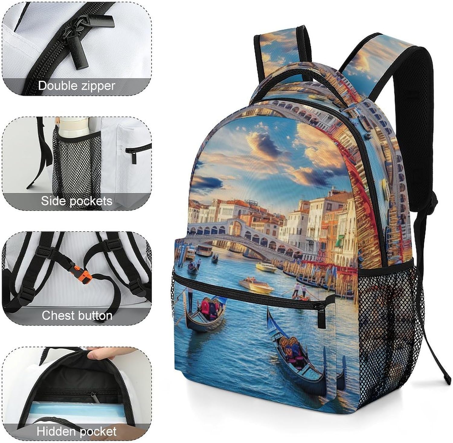 Rialto Bridge And Gondolas in Venice Laptop Backpack Lightweight Travel Daypack Shoulder Bag for Men Women