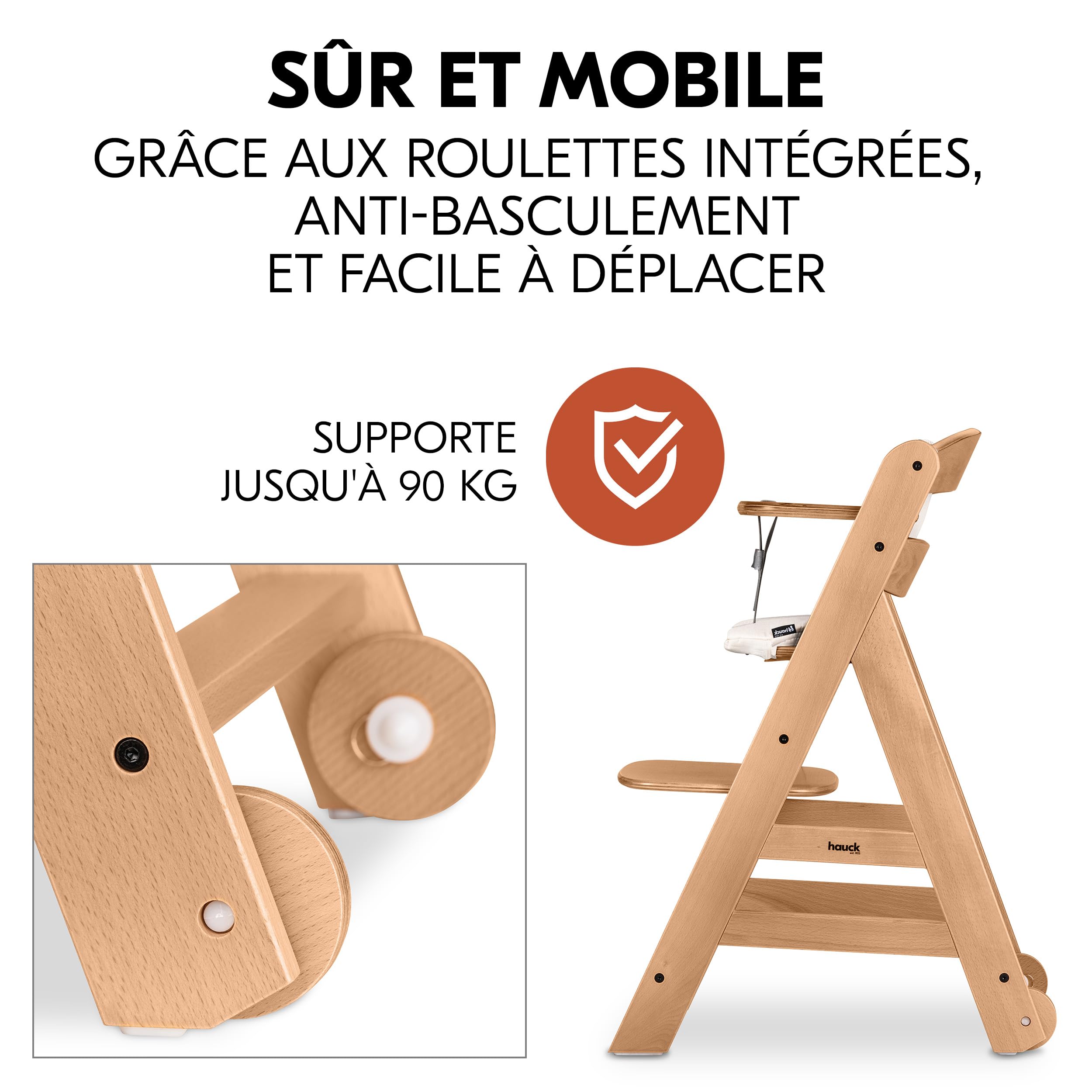 hauck Chaise Haute Bébé Beta+ avec Siège Highchair Bouncer - Natural | Chaise haute évolutive en bois, de la naissance à 90 kg, inclus assise bébé ergonomique, roues, plateau repas, coussin