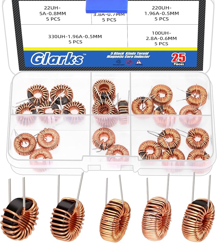 Glarks Kit de inductor de núcleo toroidal de 25 piezas de 5 tamaños, 22UH-5A 47UH-3.8A 220UH-1.96A 330UH-1.96A 100UH-2.8A Bobina de cobre de inductancia, cable inductor toroidal para transformadores Placa de circuito de bricolaje