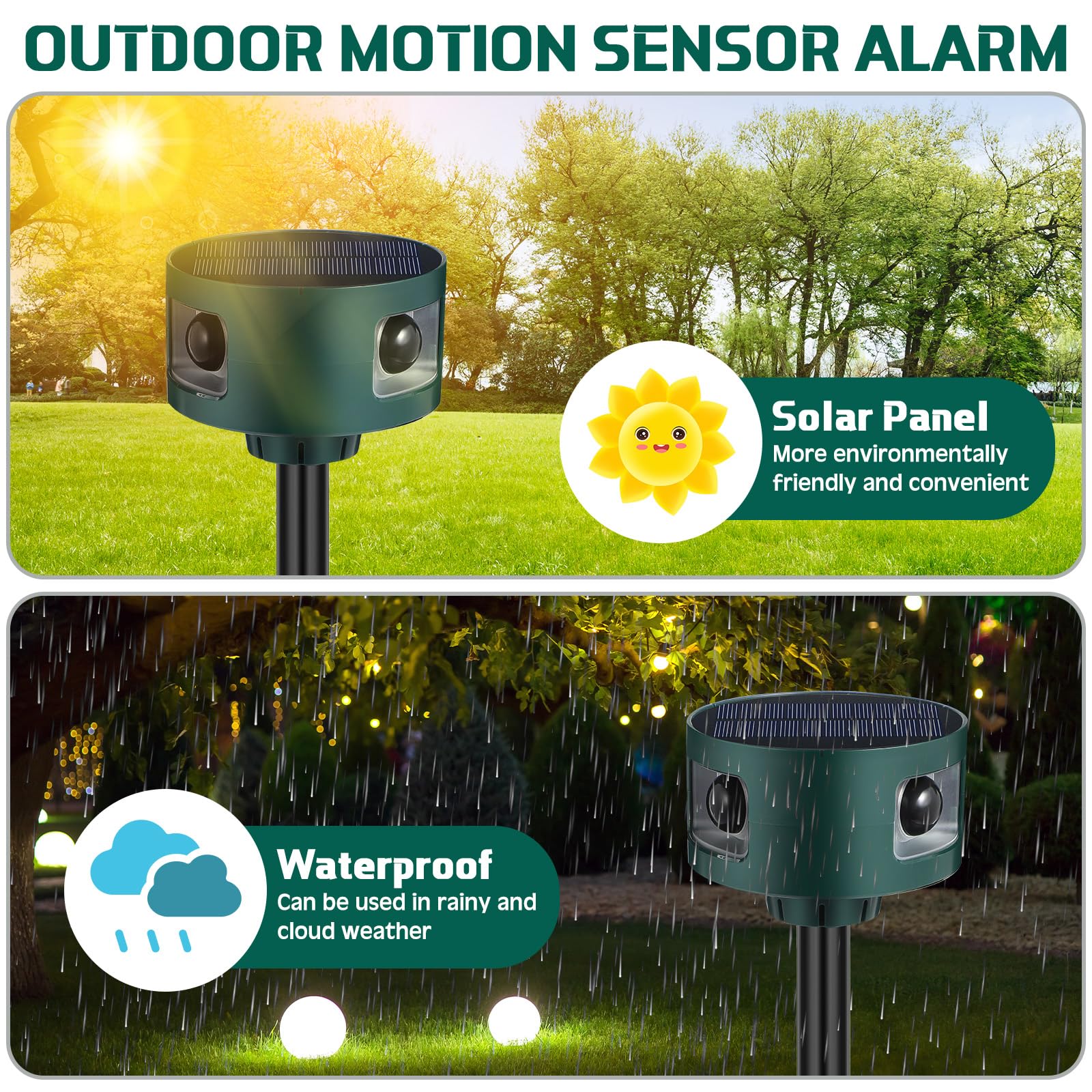 Qualirey Paquete de 2 sensores de movimiento solares para exteriores, sensor de movimiento, disuasorio de animales, sonido de disparo, alarma de ladridos de perro para seguridad del hogar (verde,