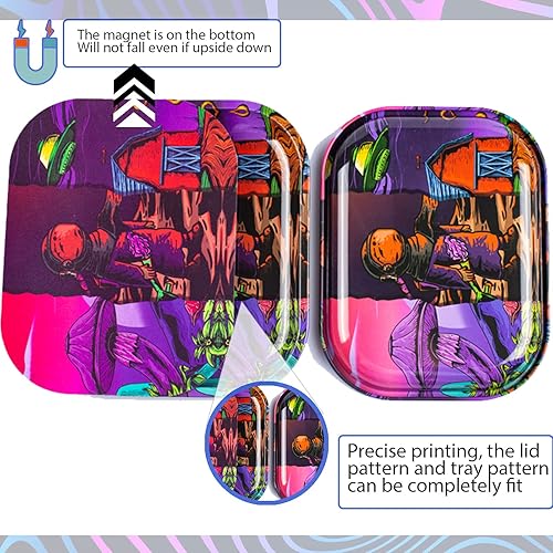 Miniatura 3 de Bandeja rodante con tapa magnética, bordes redondeados suaves impresión de doble cara con astronauta de hongos trippy, almacenamiento perfecto para