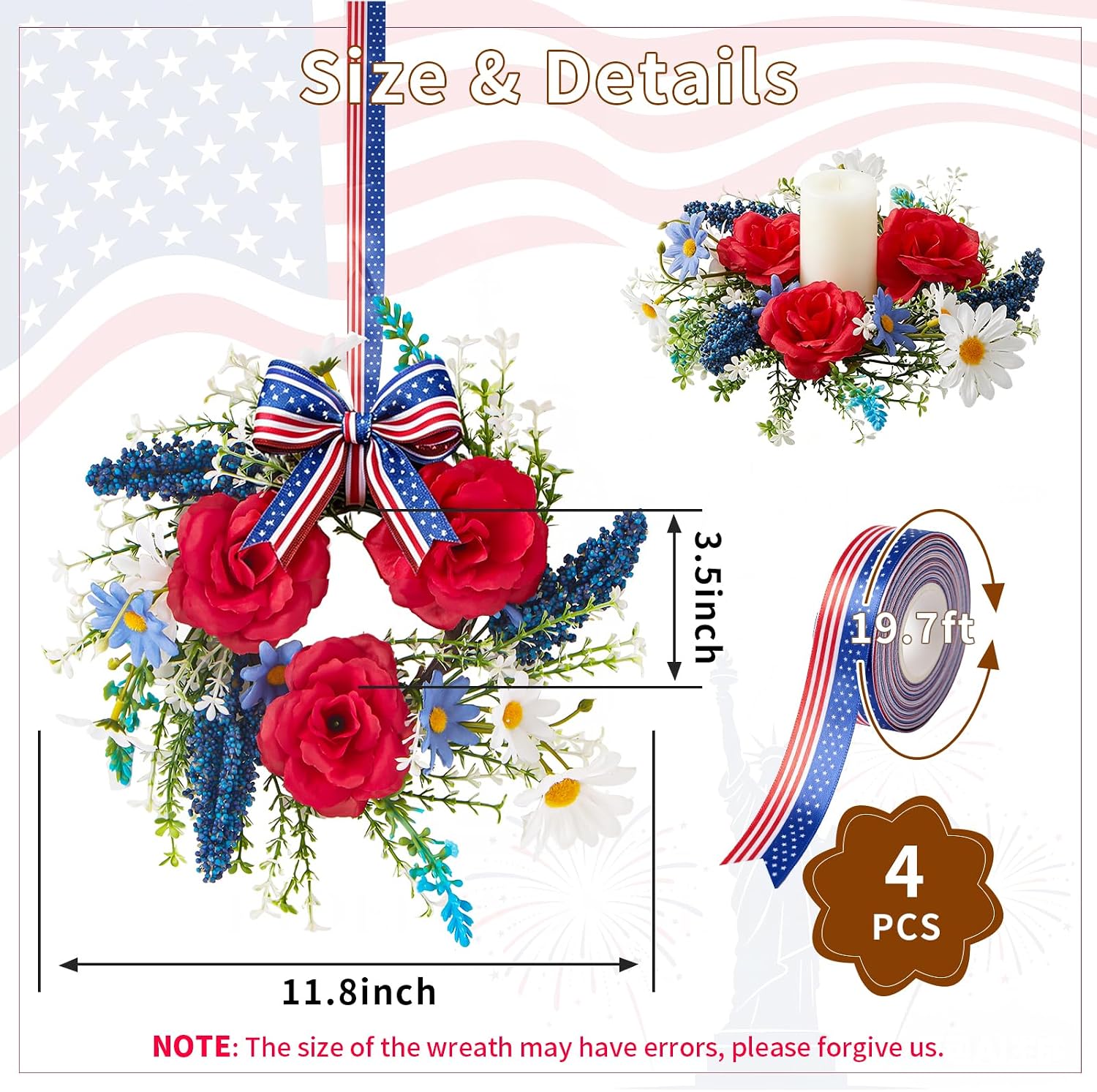 Mini 4th of July Wreath 4Pcs, 11.8 Inch Small Patriotic Wreath with Ribbon, Artificial Rose Lavender Daisy Wreath, Hanging/Tabletop/Candle Ring Decor for Home Front Door, Porch, Wall, Window, Cabinets