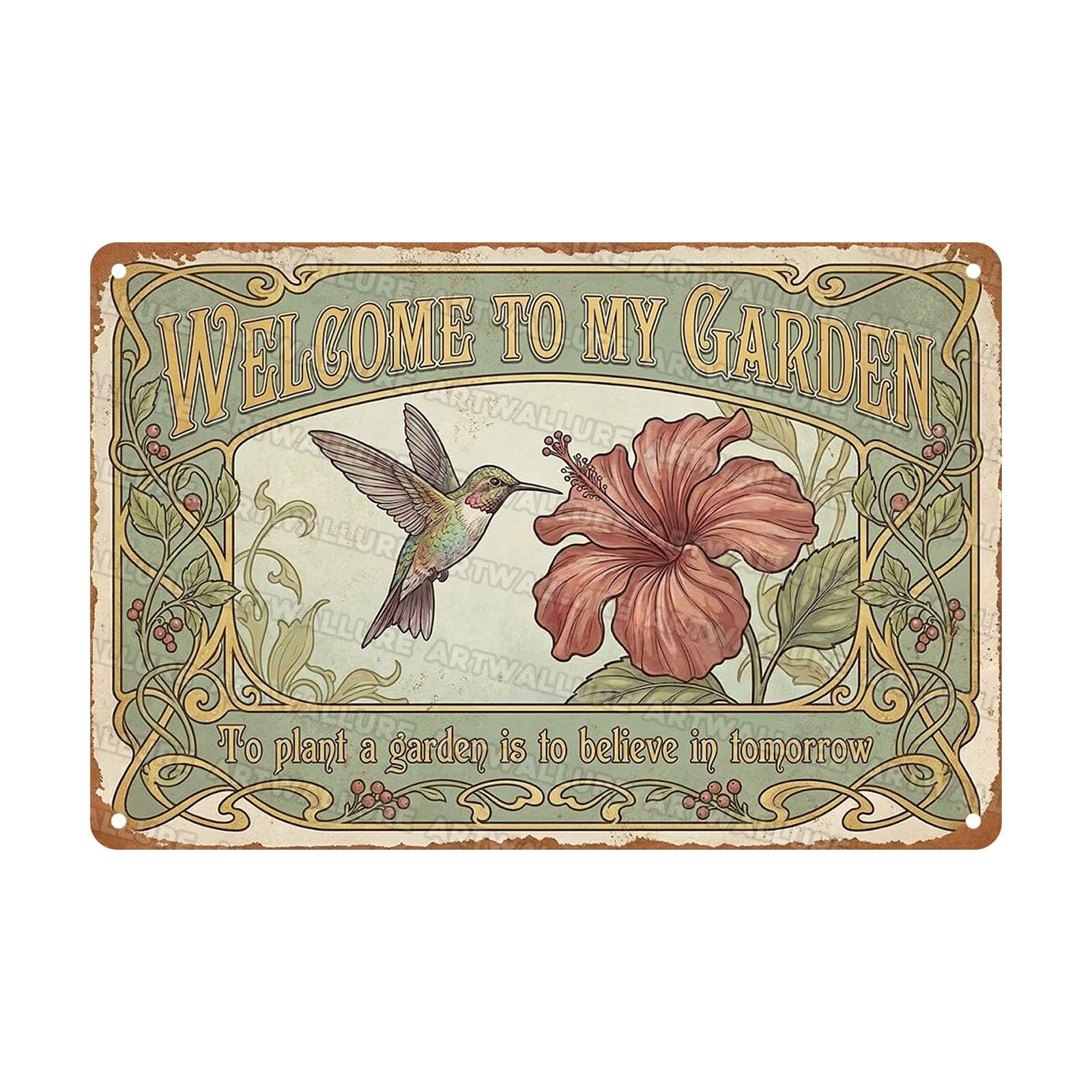 Hummingbird Floral Garden Welcome Sign Retro Metal Tin Sign Art Flower Wall Decor To Plant a Garden is to Believe in Tomorrow Vintage Sign for Porch Sunroom Yard 8x12Inch