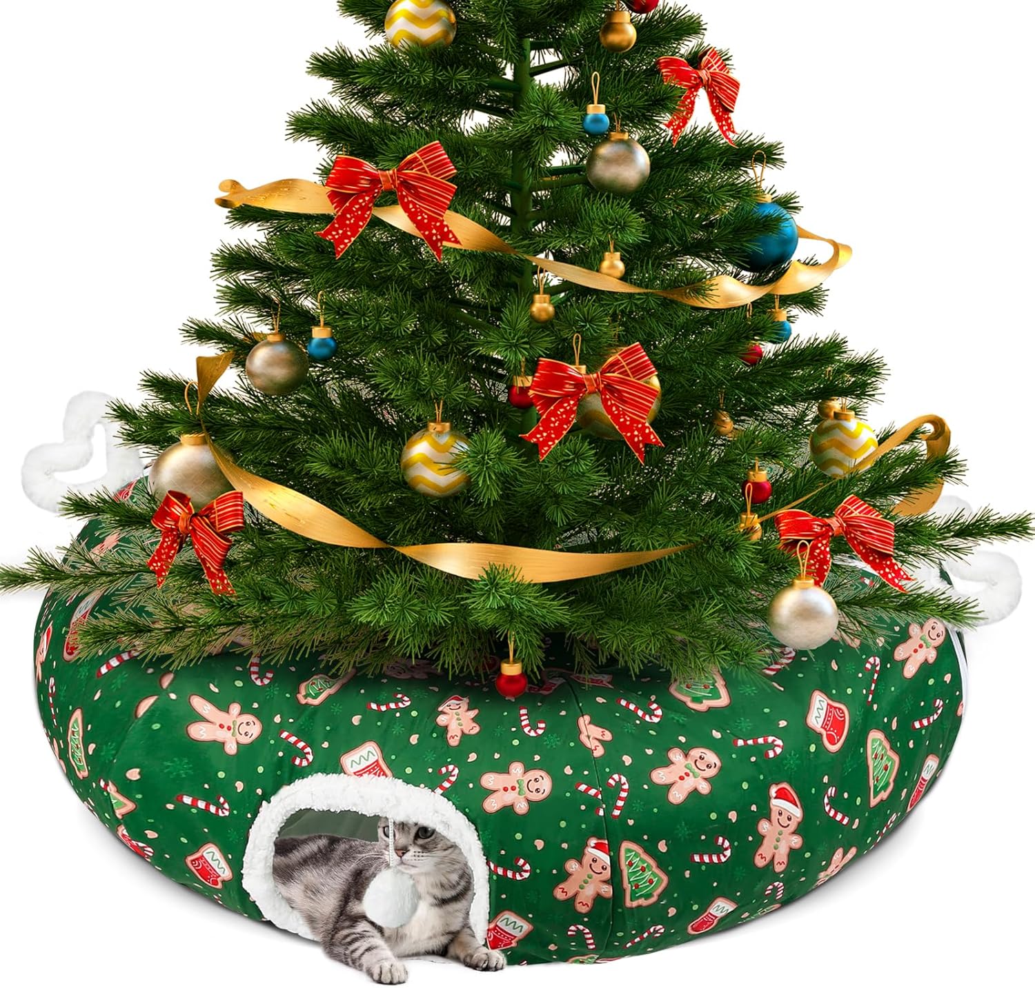 Cat Tunnel Bed Christmas Tree Skirt for Indoor Cats, Maansfy Large Peekaboo Cat Cave Decorative Christmasn Donut Tunnel Tube Playground Toys for Kitten Medium Large Cat (Green)