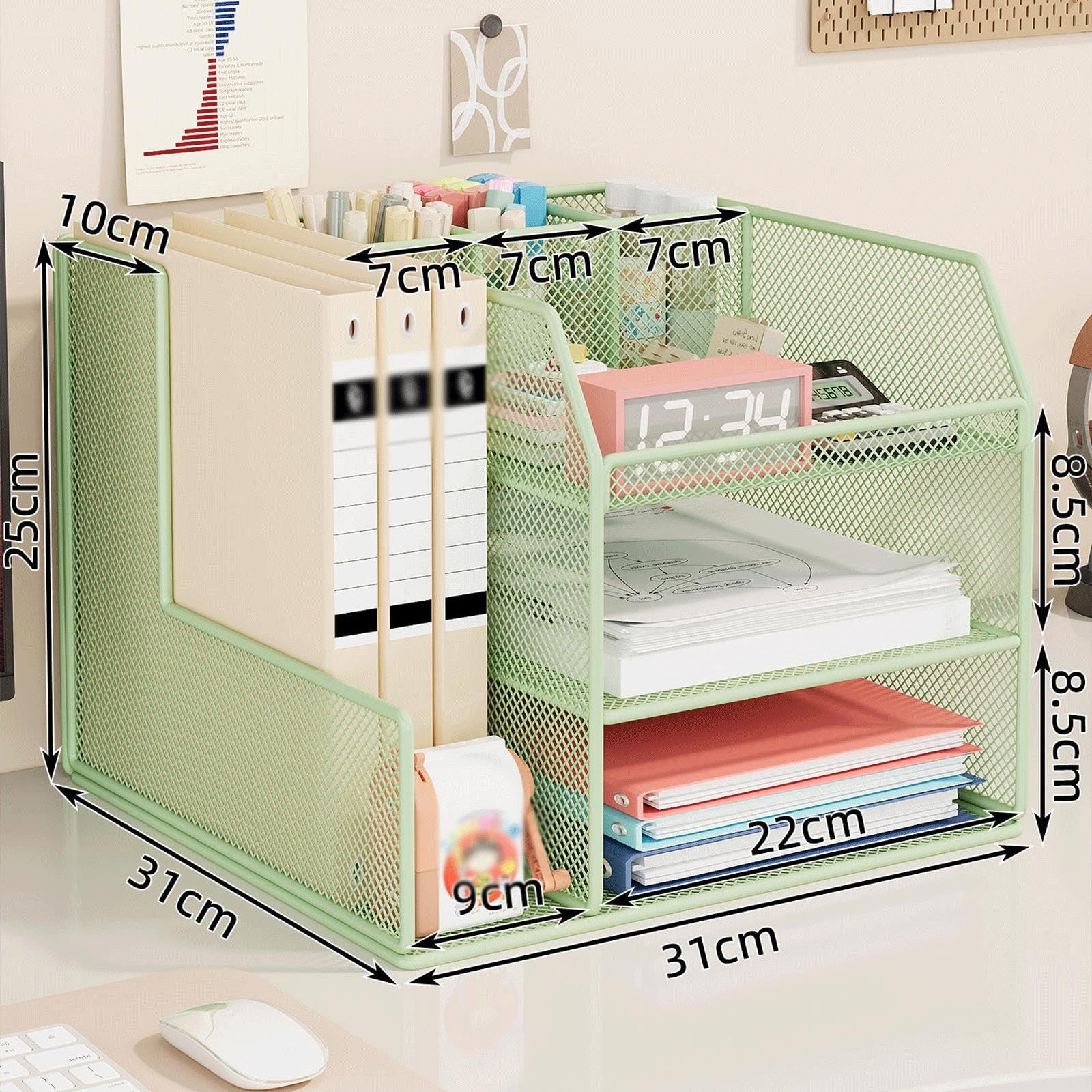 Organizador de Escritorio, 3 Niveles Malla Papel Organizador con soporte vertical y 3 soportes para Oficina Casa Accesorios(Green)