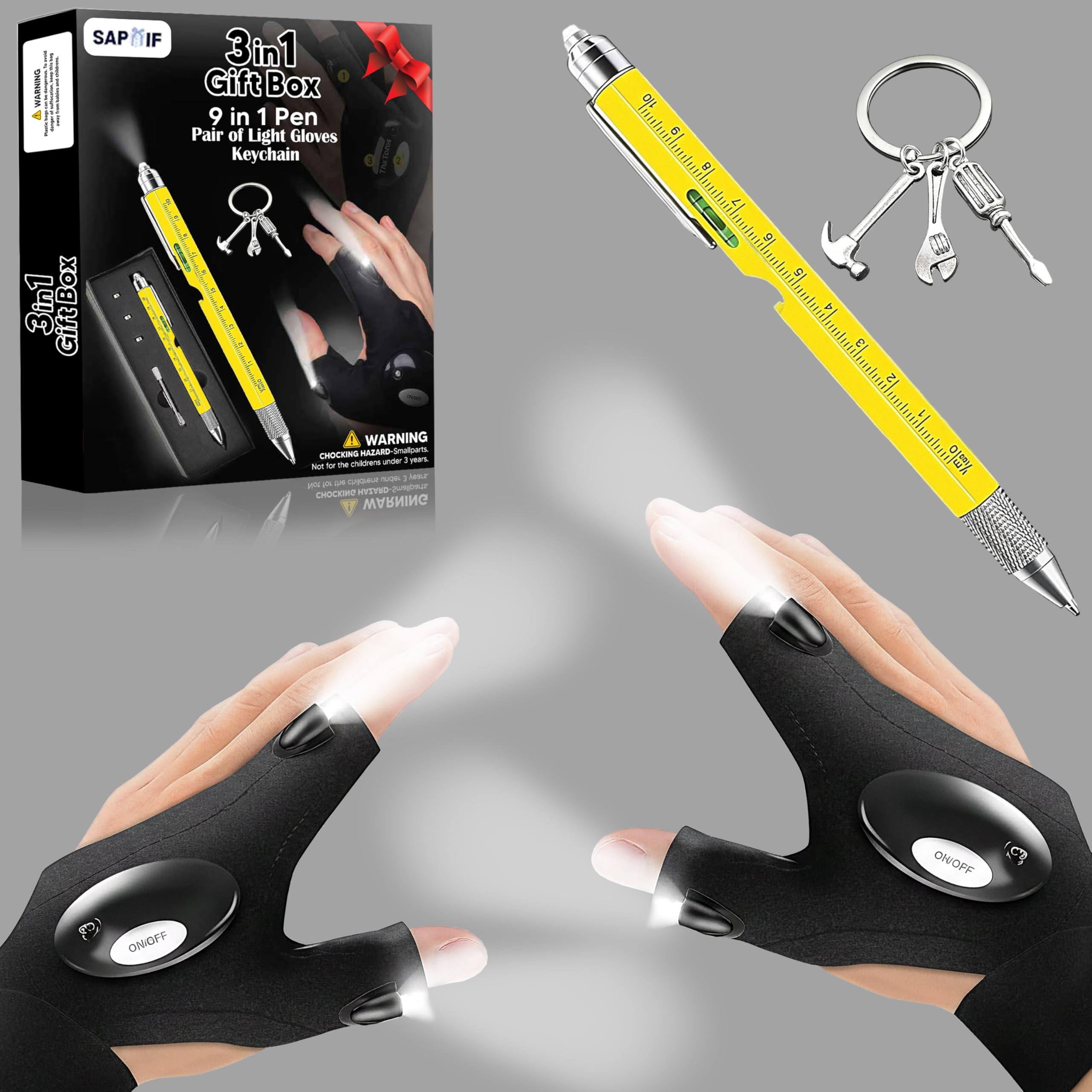 Sapgif Men's Pen A 3 In 1 Father’s Day Gift Set For – 9 In 1 Multi Tool Pen With Ruler, Stylus & Screwdriver, Led Flashlight Gloves, Tool Keychain – Gifts Dad, Husband, Him, Handy Diy Gifts