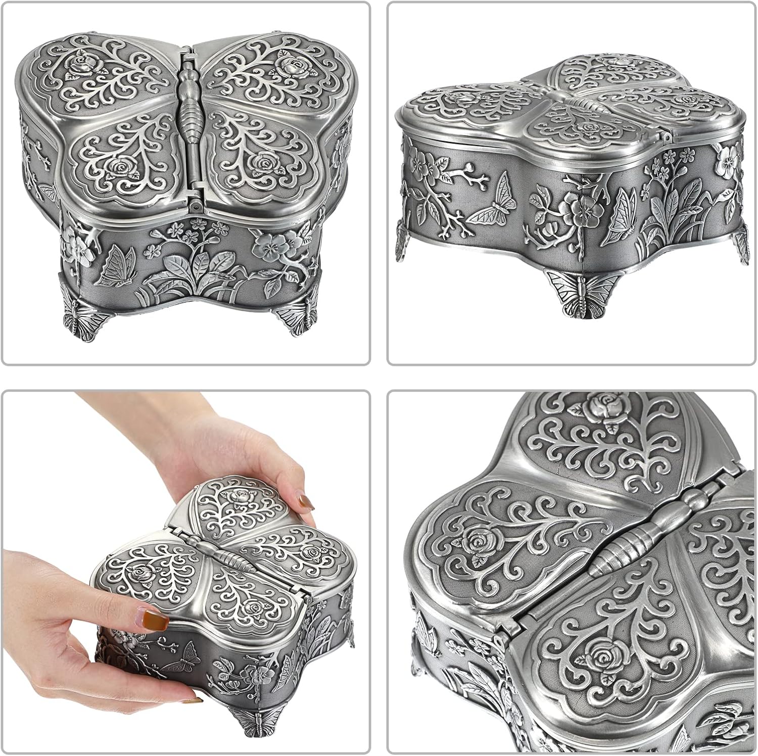Hipiwe Antique Metal Jewelry Box Butterfly Shape Jewelry Organizer Vintage Trinket Storage Box Treasure Chest Ring Holder Earrings Necklace Storage Box Decorative Metal Box for Women, Large