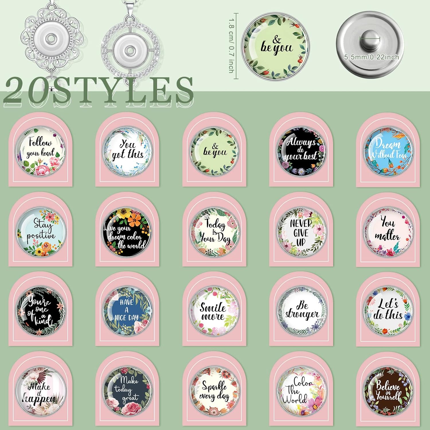 2 Pieces Inspirational Lanyards for ID Badges for Women with 20 Styles Interchangeable Breakaway Snap Buttons Charms Pendent ID Holder Lanyard Necklace Badge Necklace for Women - Image 3